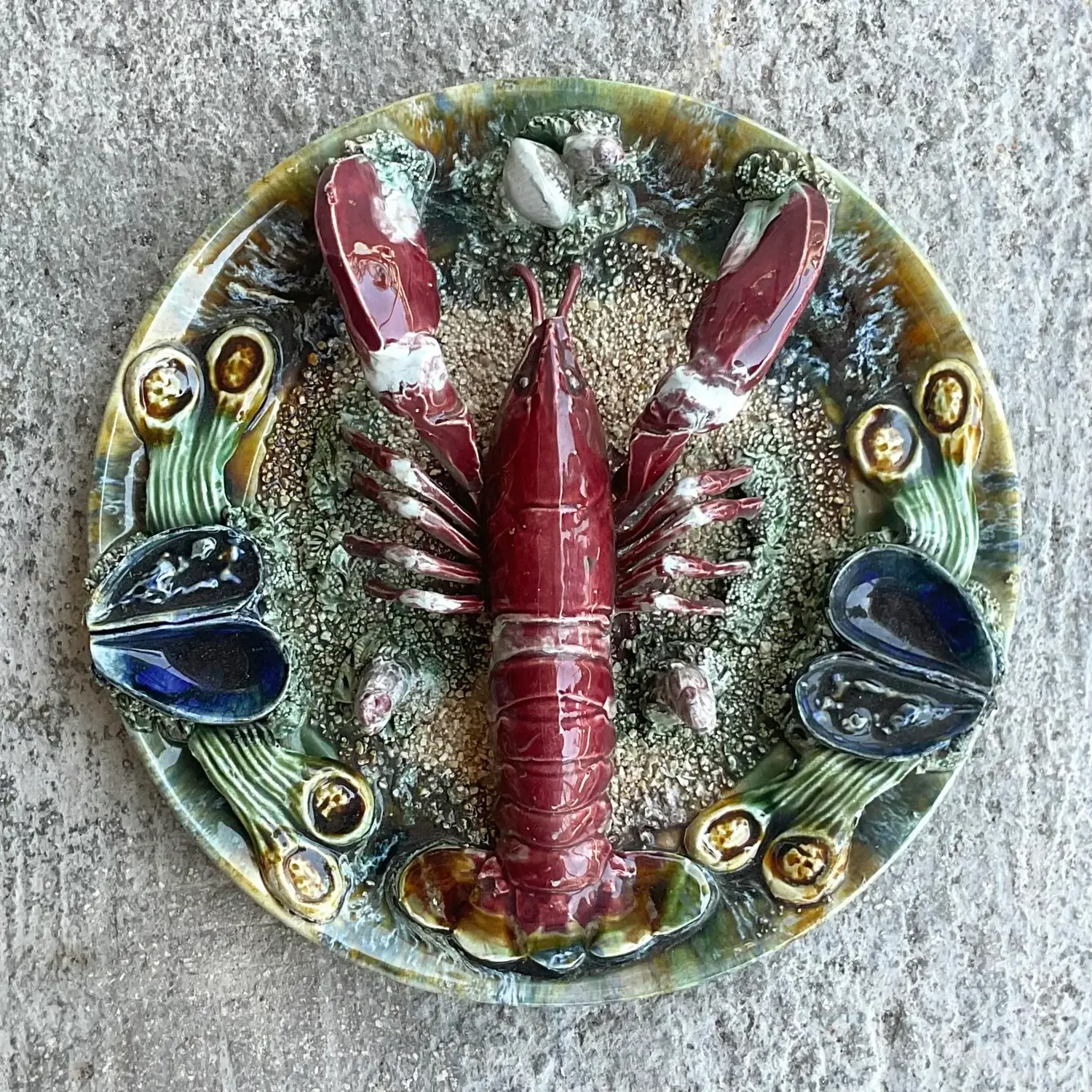 Vintage Coastal Majolica Lobster Plate - Side view