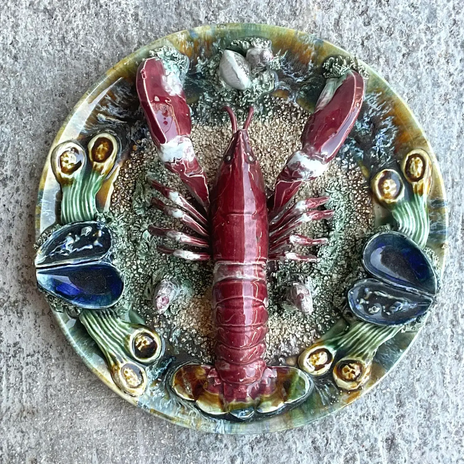 Vintage Coastal Majolica Lobster Plate - Top view