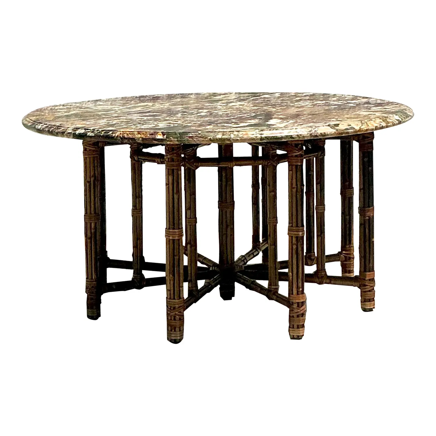 Vintage Coastal McGuire Bamboo Center Hall Table With Stone Top