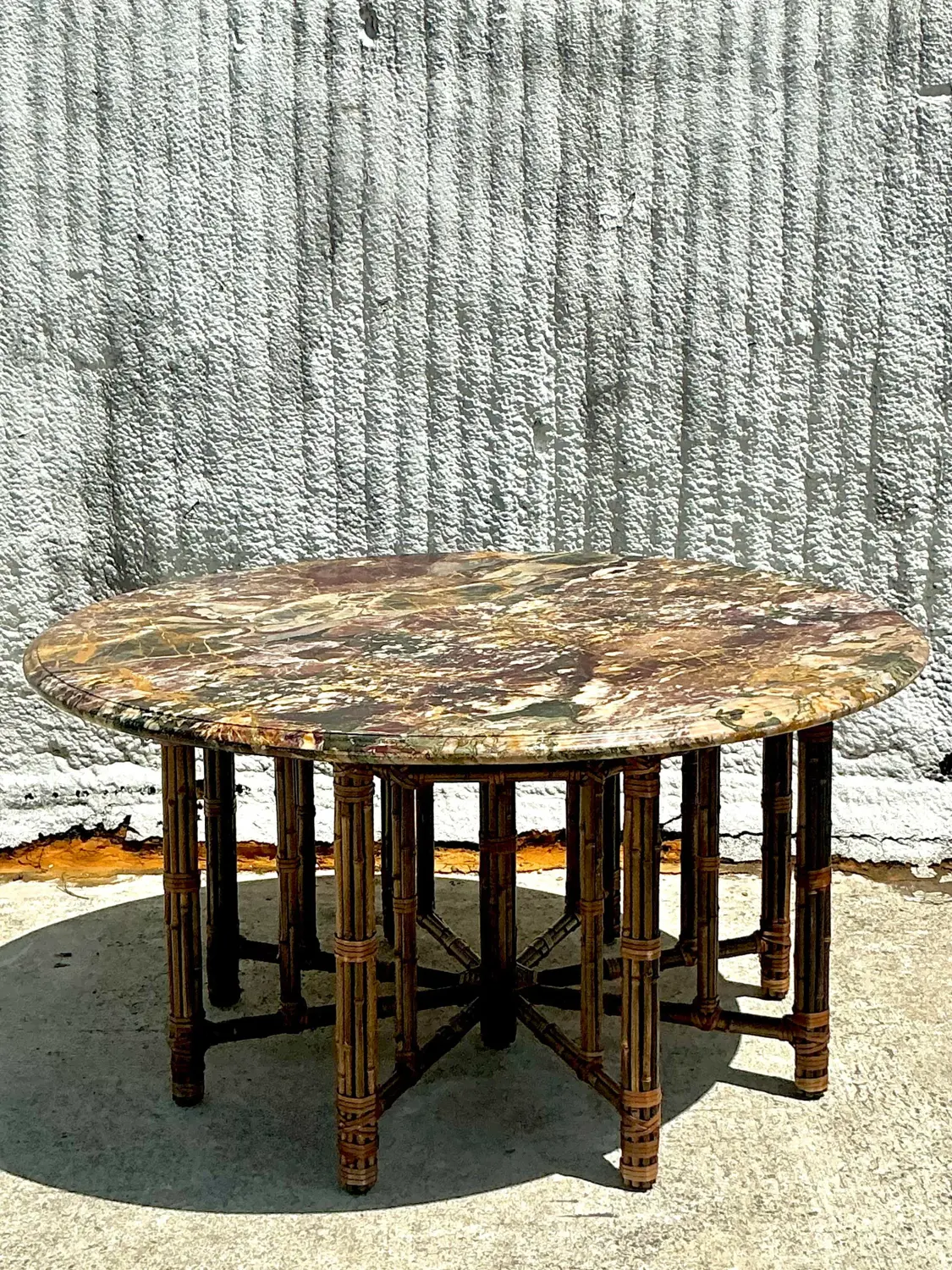 Vintage Coastal McGuire Bamboo Center Hall Table With Stone Top - Back view