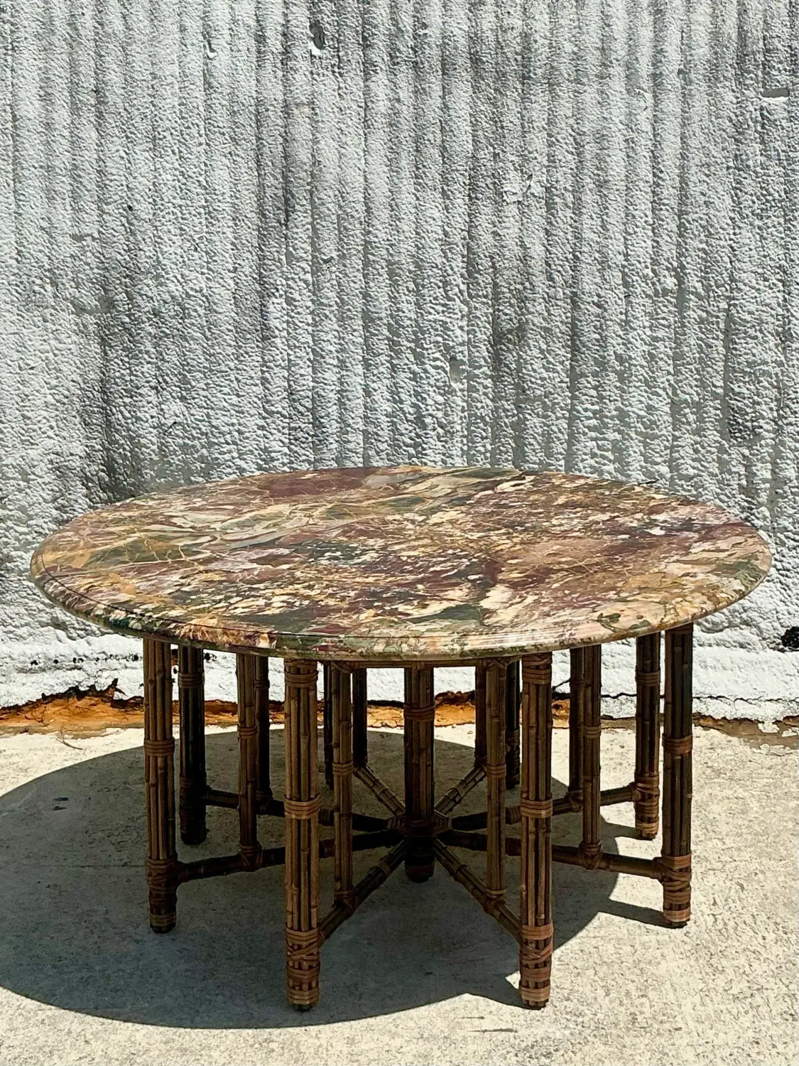 Vintage Coastal McGuire Bamboo Center Hall Table With Stone Top - Side view