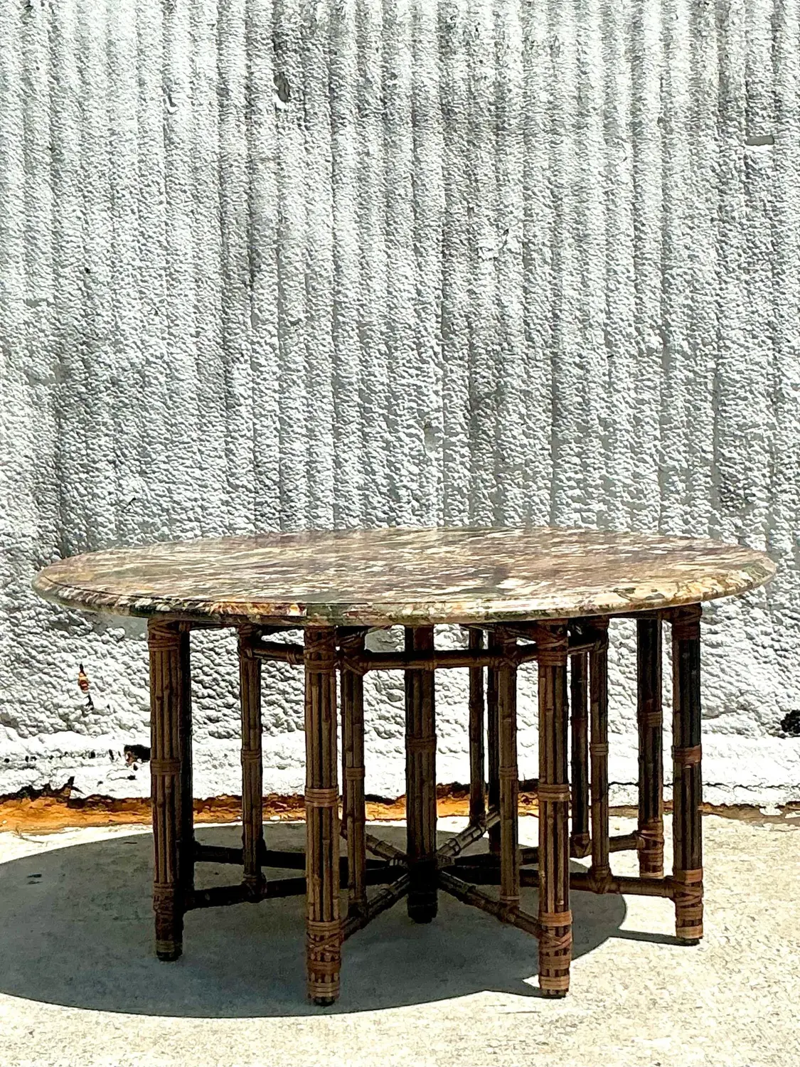 Vintage Coastal McGuire Bamboo Center Hall Table With Stone Top - Top view