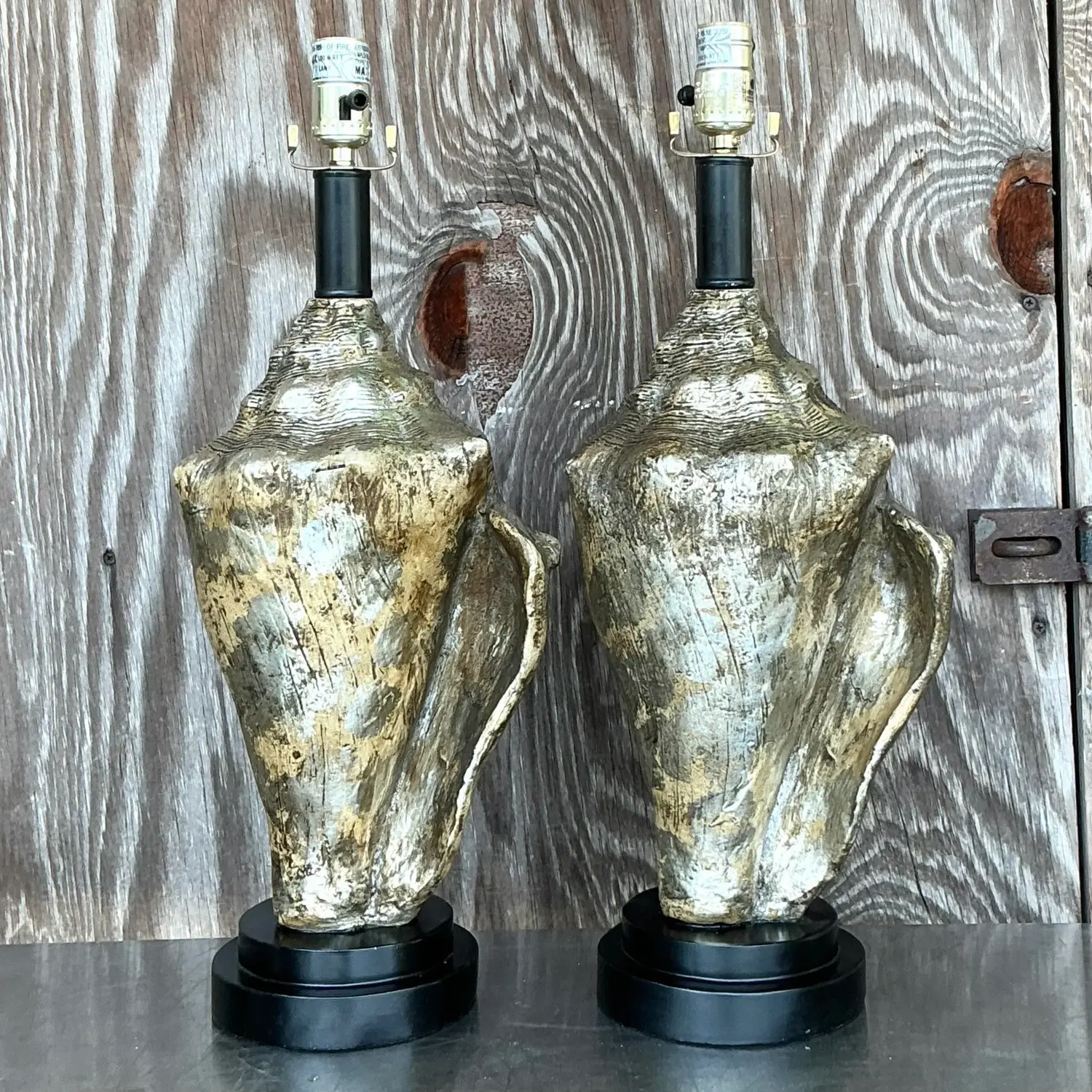 Vintage Coastal Metallic Conch Shell Lamps - a Pair - Side view
