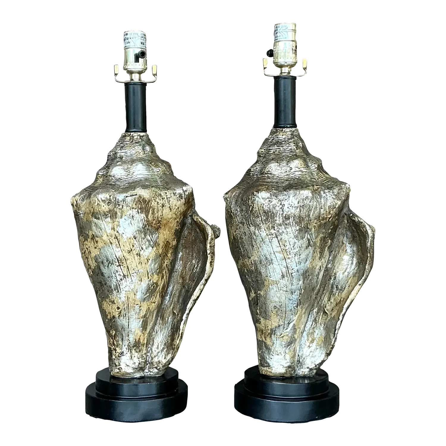 Vintage Coastal Metallic Conch Shell Lamps - a Pair - Detail view