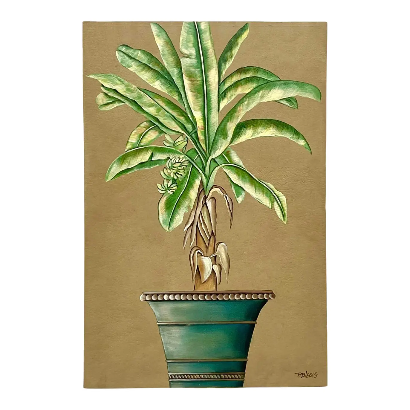 Vintage Coastal Monumental Banana Leaf Original Oil Painting on Canvas