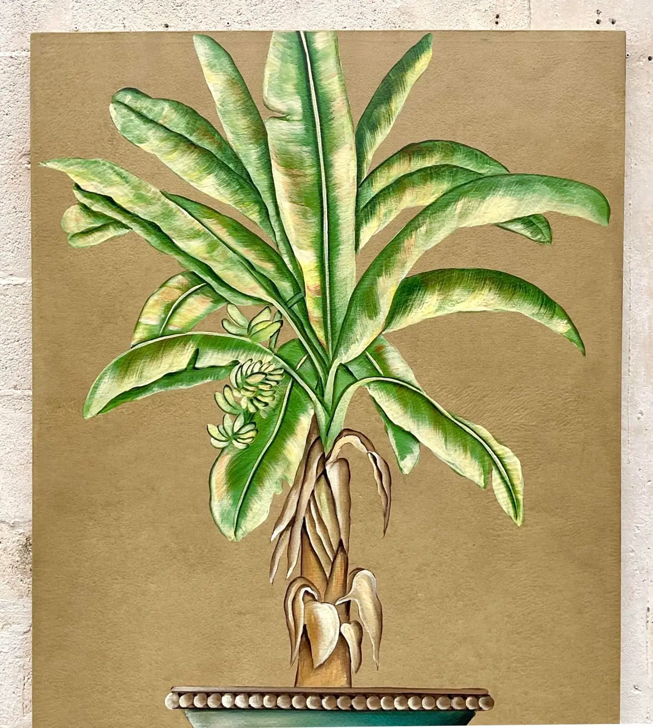 Vintage Coastal Monumental Banana Leaf Original Oil Painting on Canvas - Side view