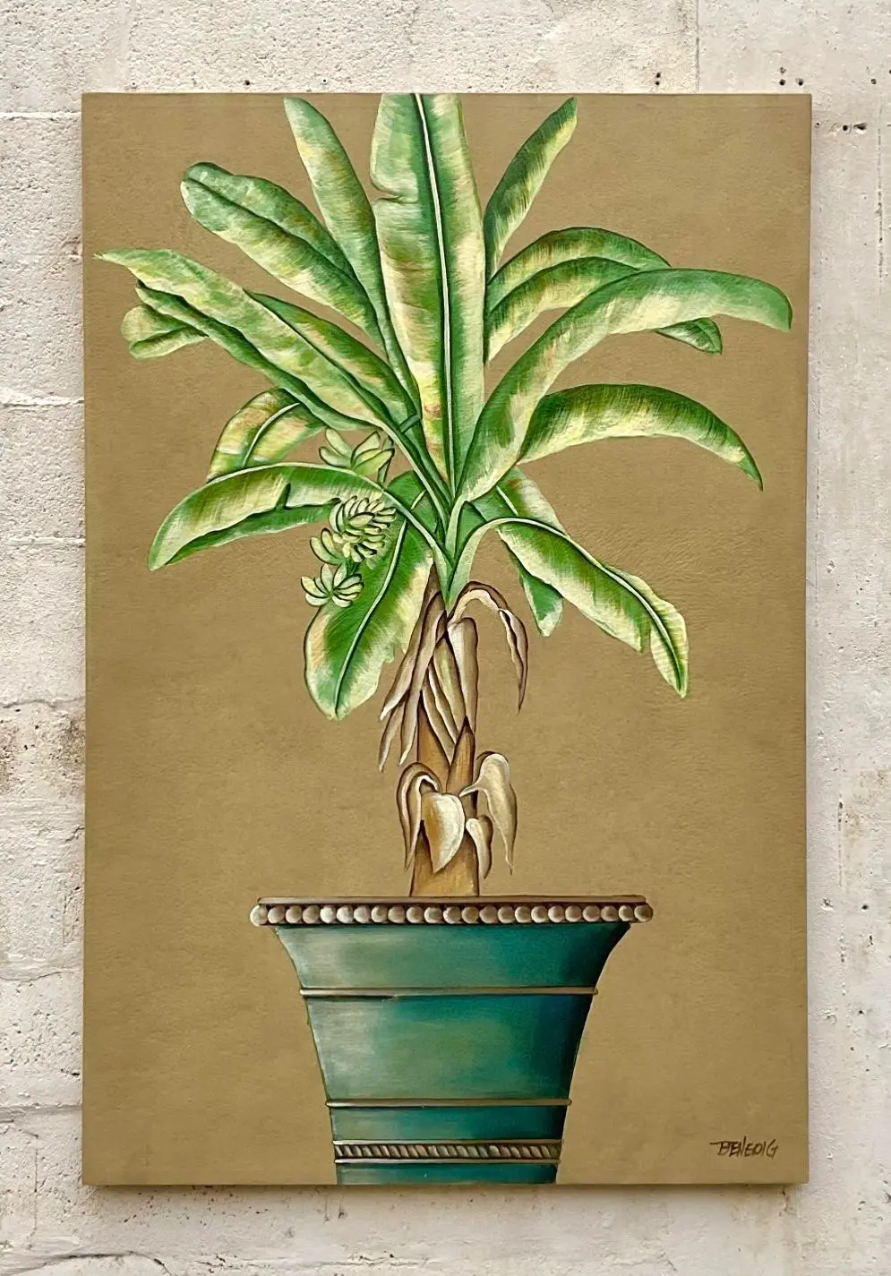 Vintage Coastal Monumental Banana Leaf Original Oil Painting on Canvas - Detail view