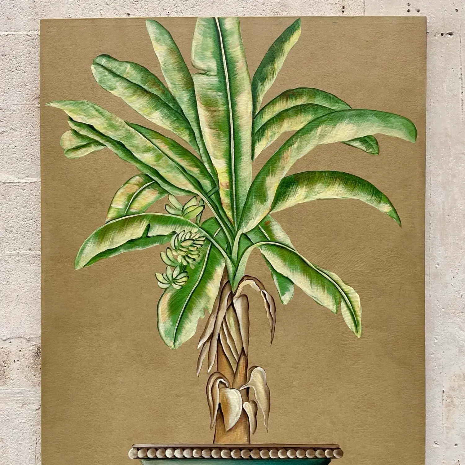 Vintage Coastal Monumental Banana Leaf Original Oil Painting on Canvas - Top view