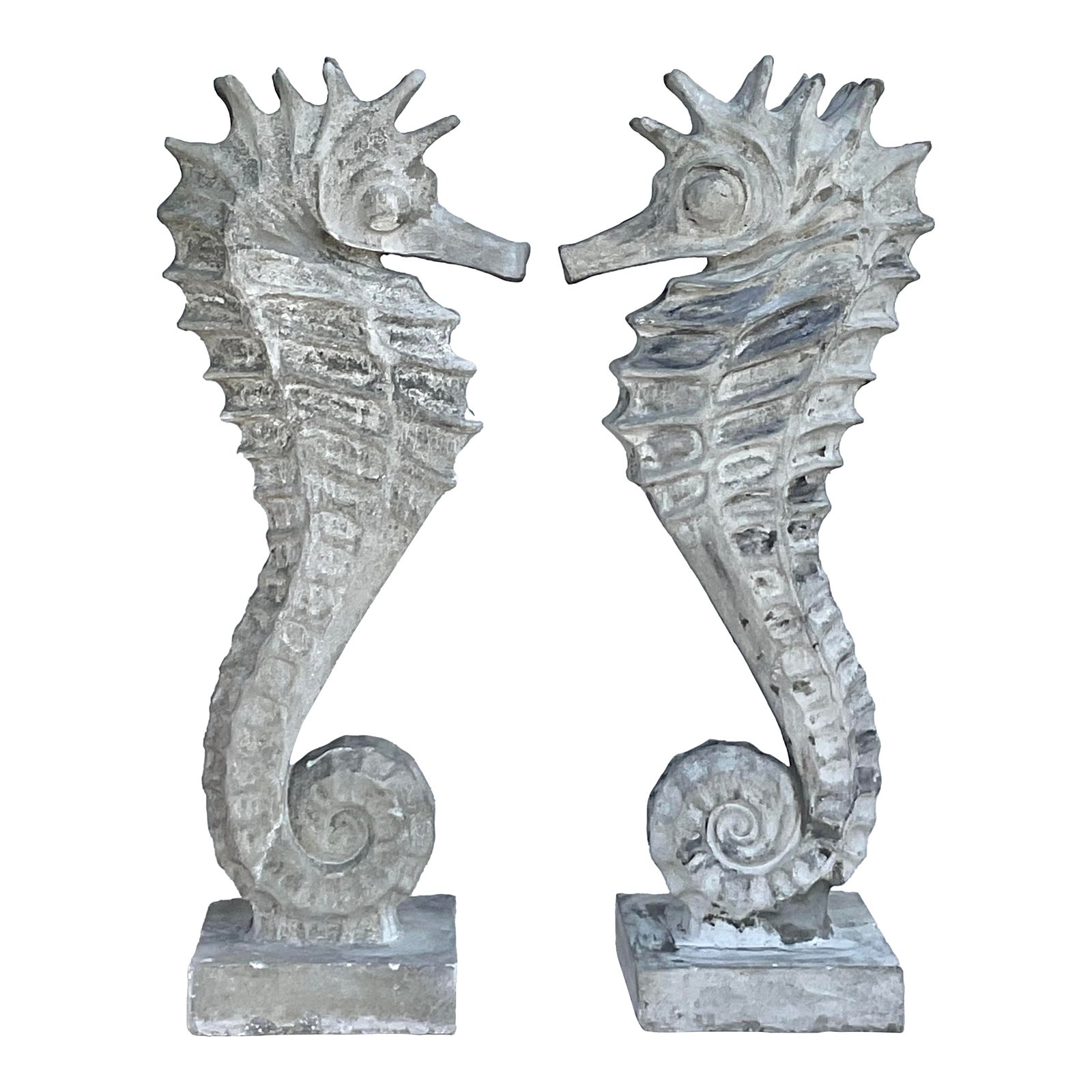 Vintage Coastal Monumental Cast Concrete Seahorse - A Pair - Detail view