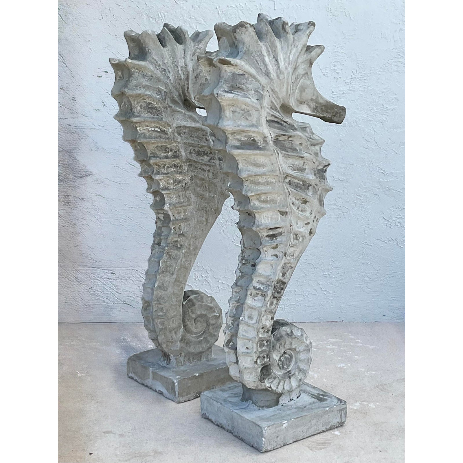 Vintage Coastal Monumental Cast Concrete Seahorse - A Pair - Back view