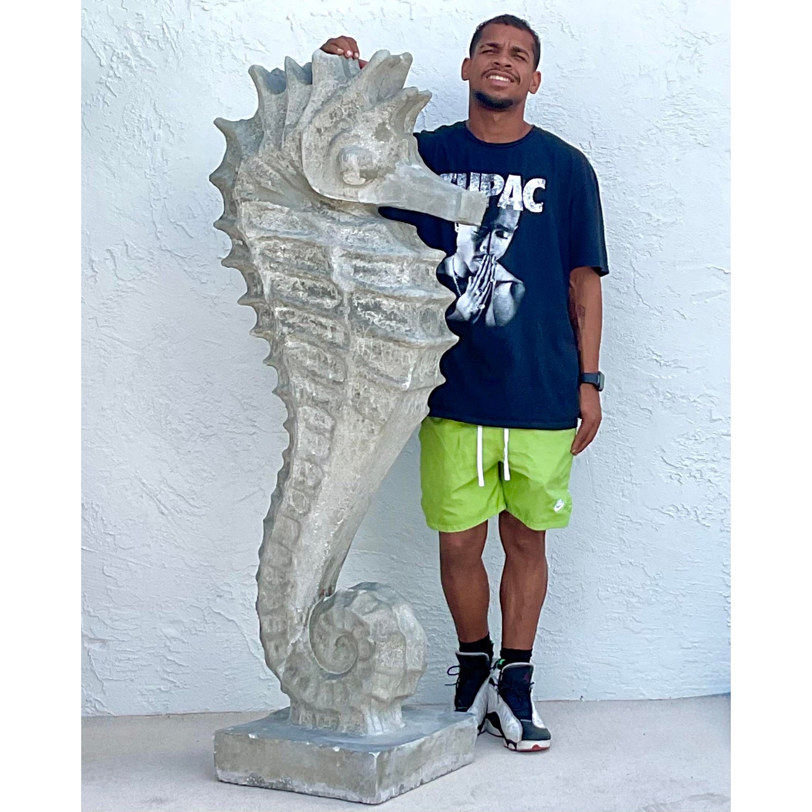 Vintage Coastal Monumental Cast Concrete Seahorse - A Pair - Side view