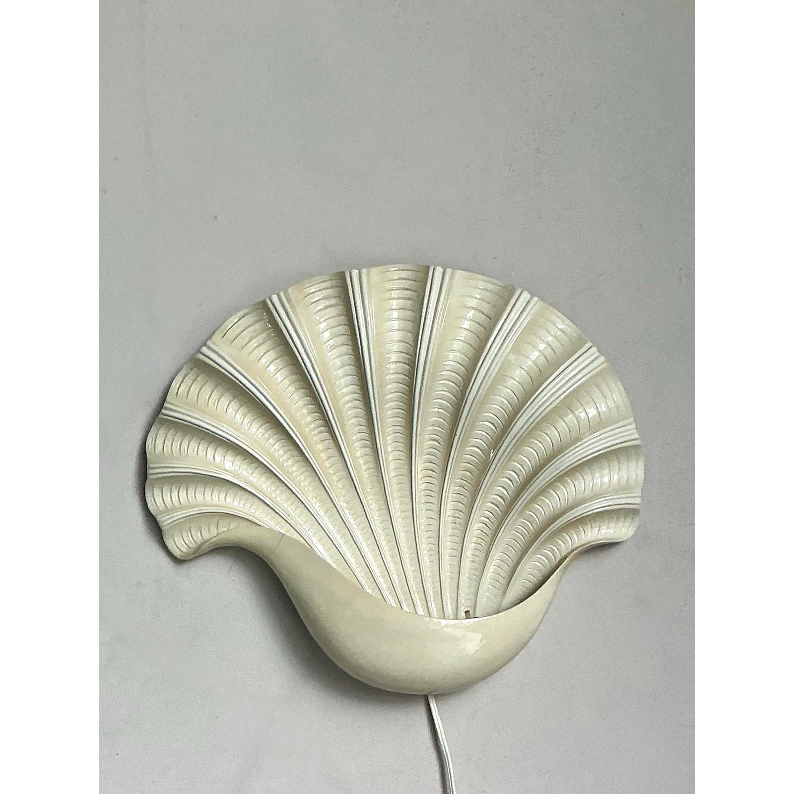 Vintage Coastal Monumental Glazed Ceramic Clamshell Sconce - Side view