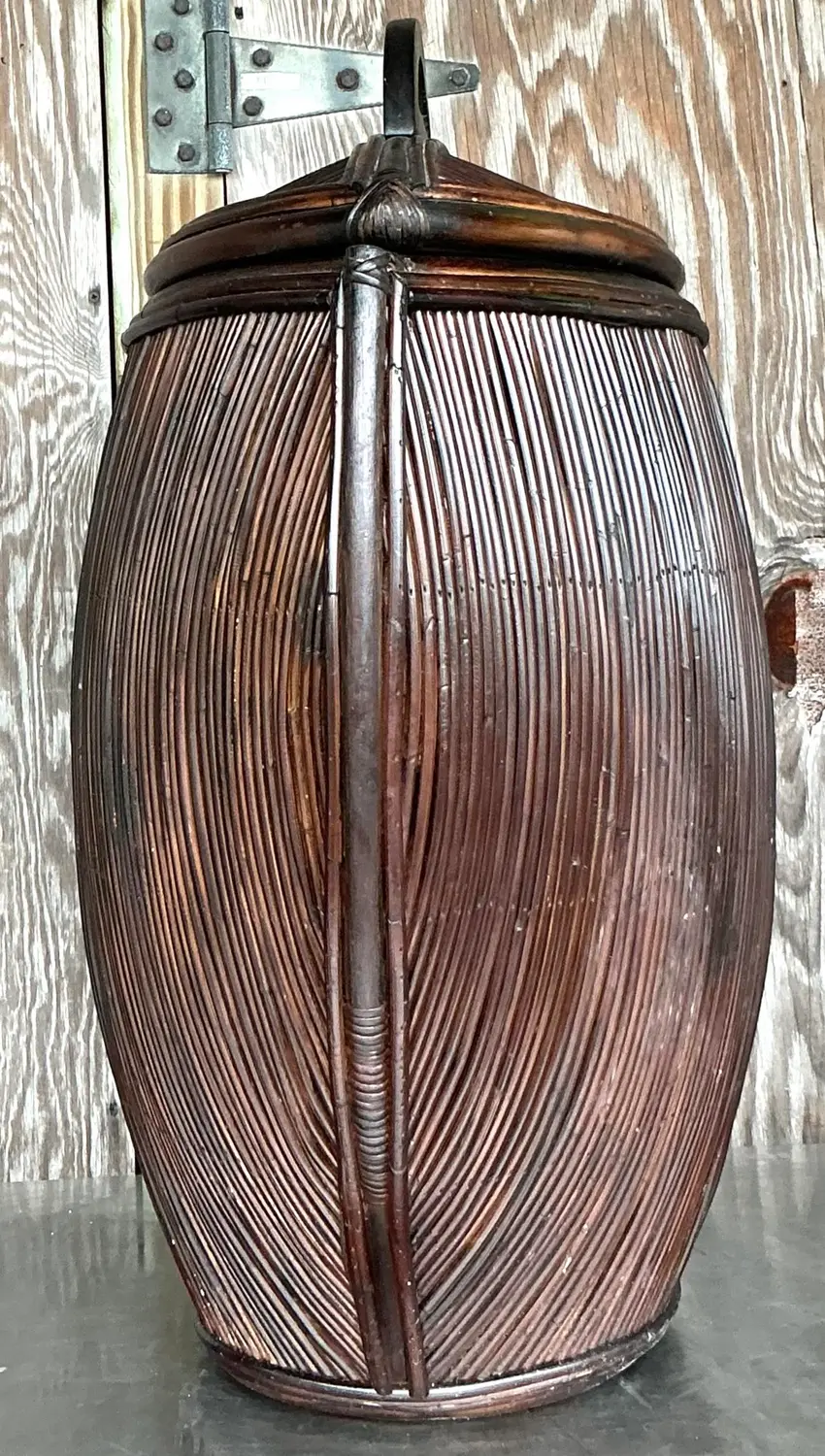 Vintage Coastal Monumental Pencil Reed Lidded Basket - Top view