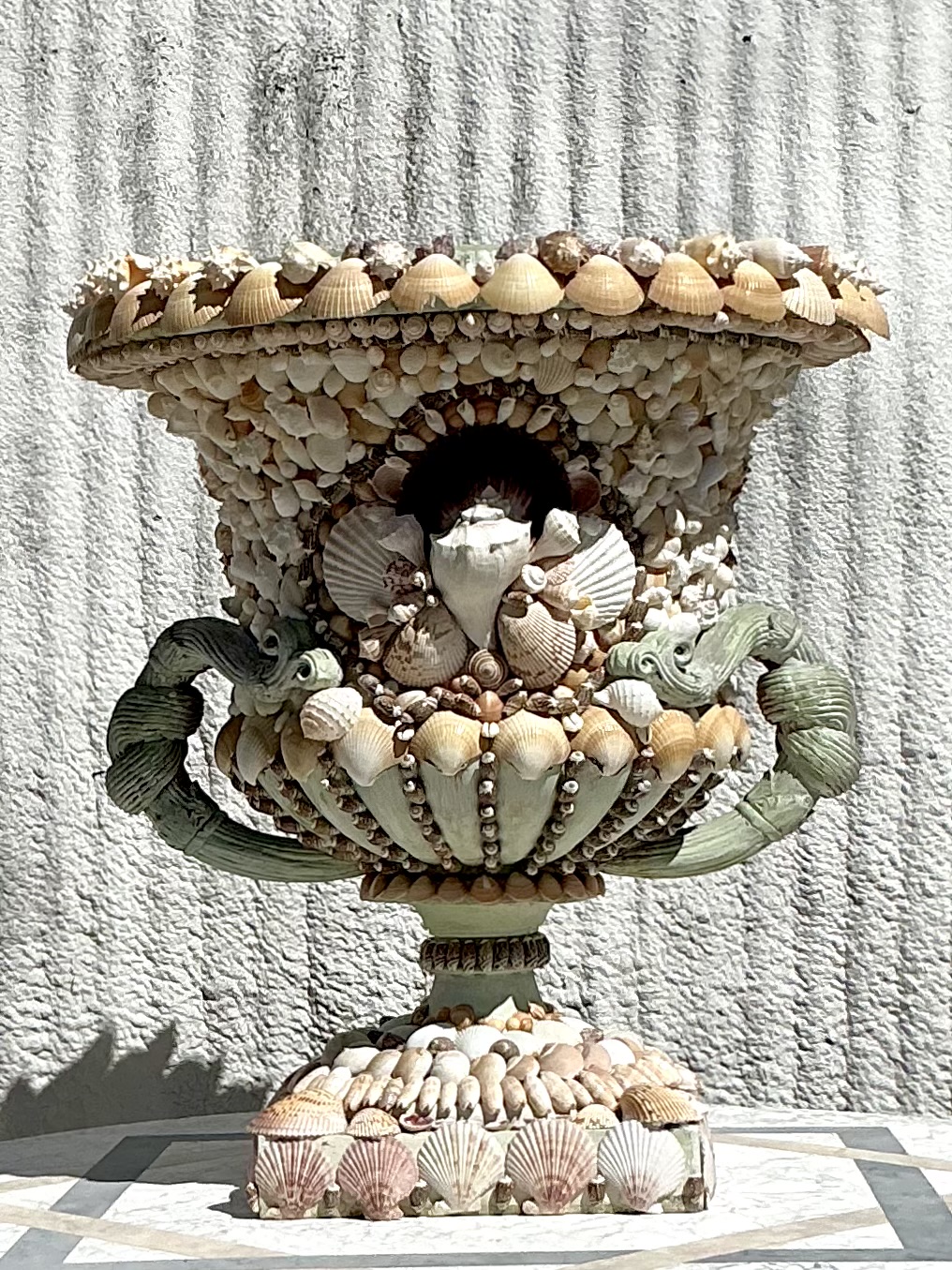 Vintage Coastal Monumental Shell Encrusted Urn - Side view