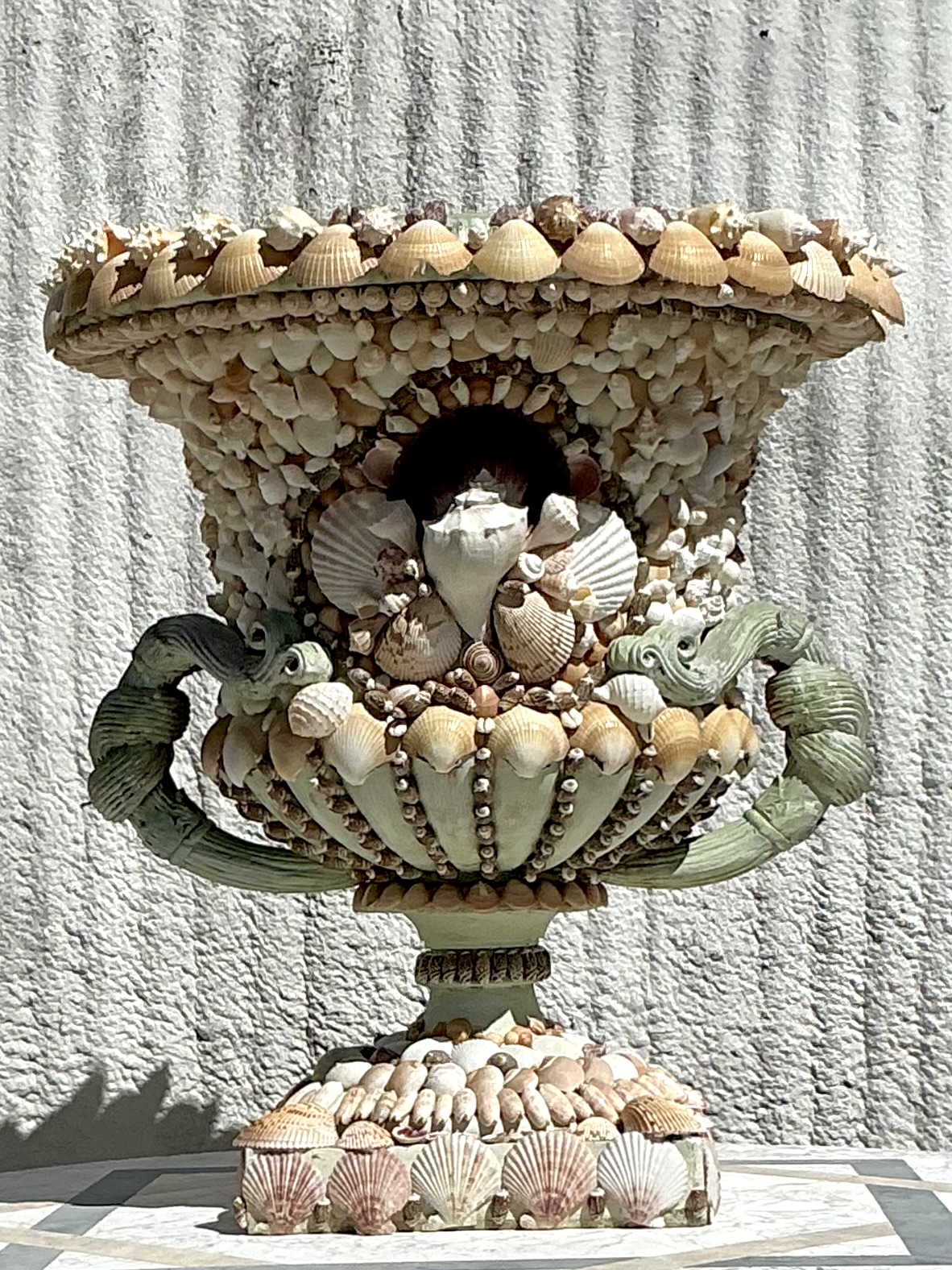Vintage Coastal Monumental Shell Encrusted Urn - Top view