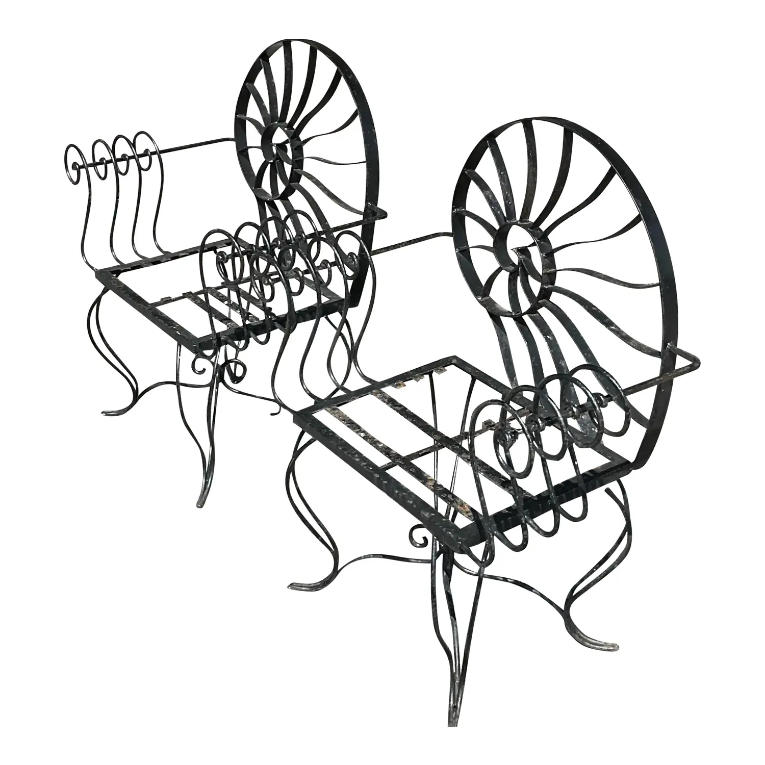 Vintage Coastal Nautilus Shell Wrought Iron Lounge Chairs - a Pair