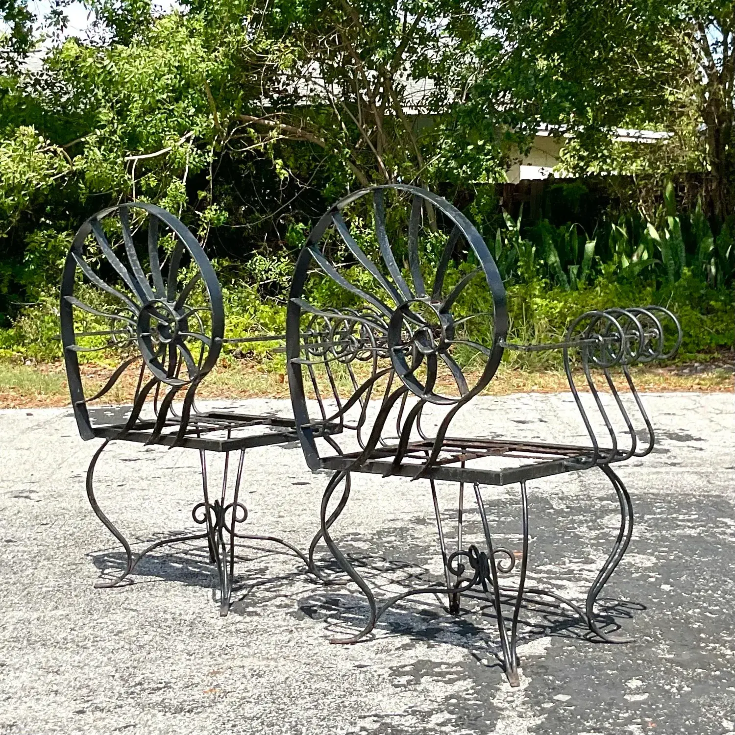 Vintage Coastal Nautilus Shell Wrought Iron Lounge Chairs - a Pair - Back view