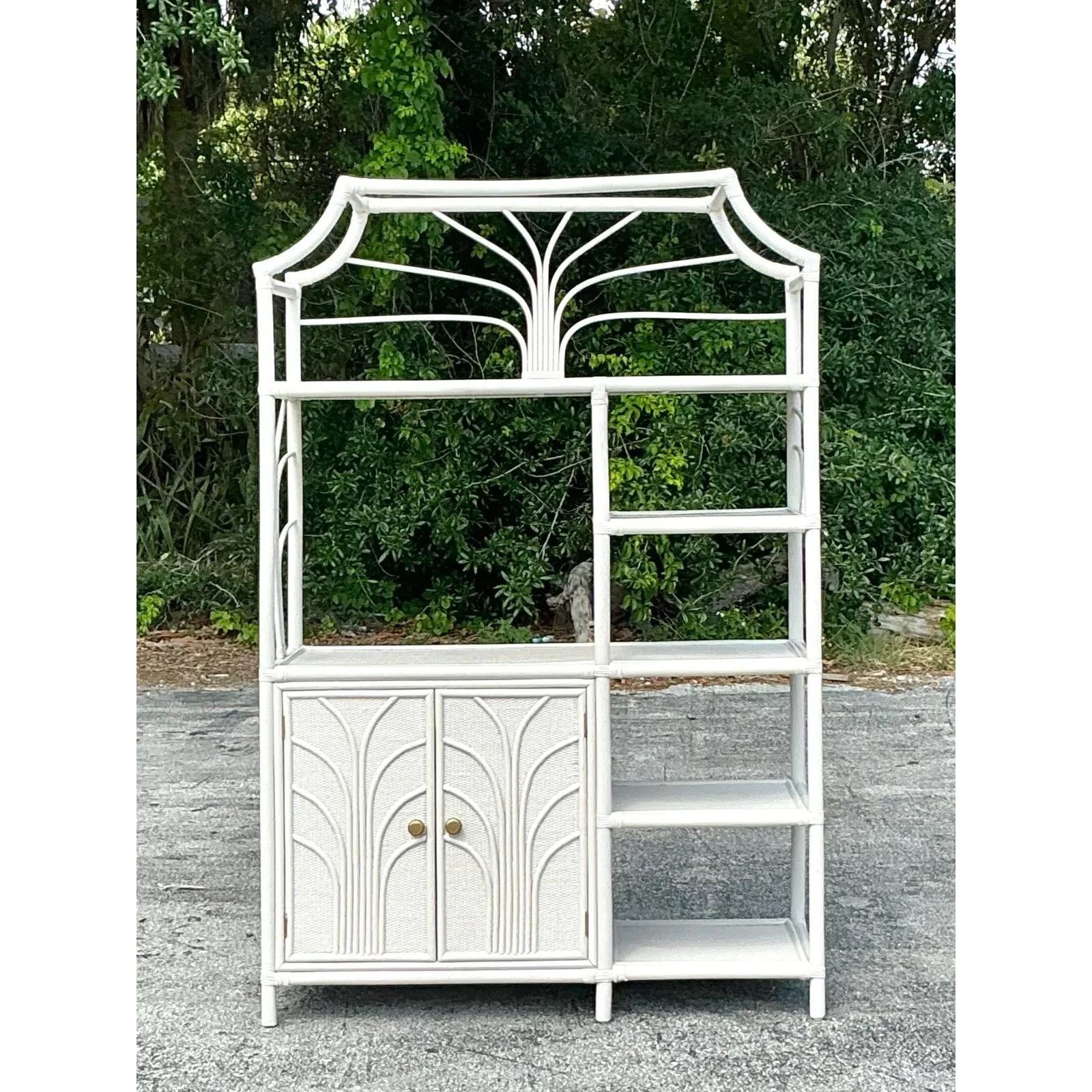 Vintage Coastal Notched Rattan Etagere - Side view
