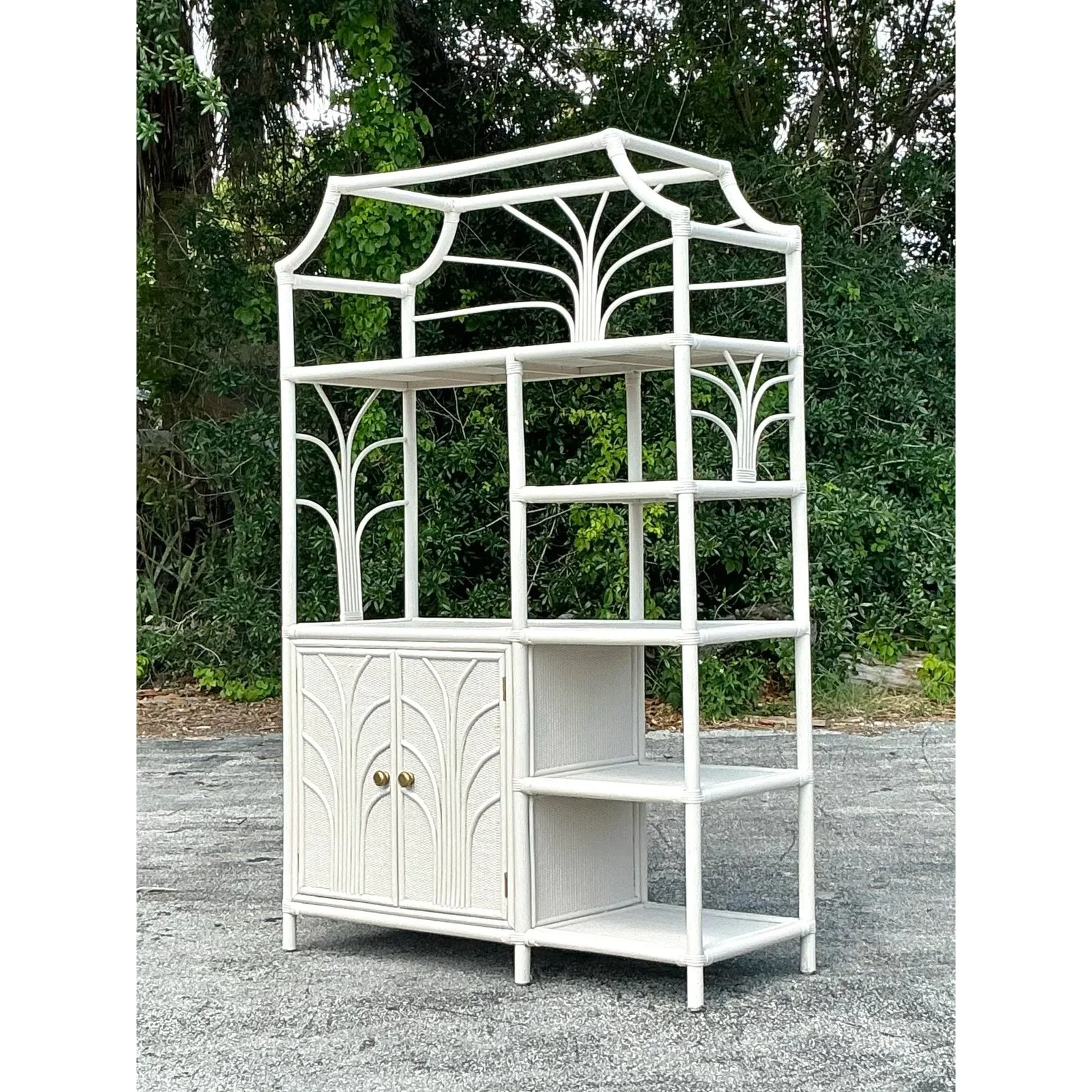 Vintage Coastal Notched Rattan Etagere - Back view