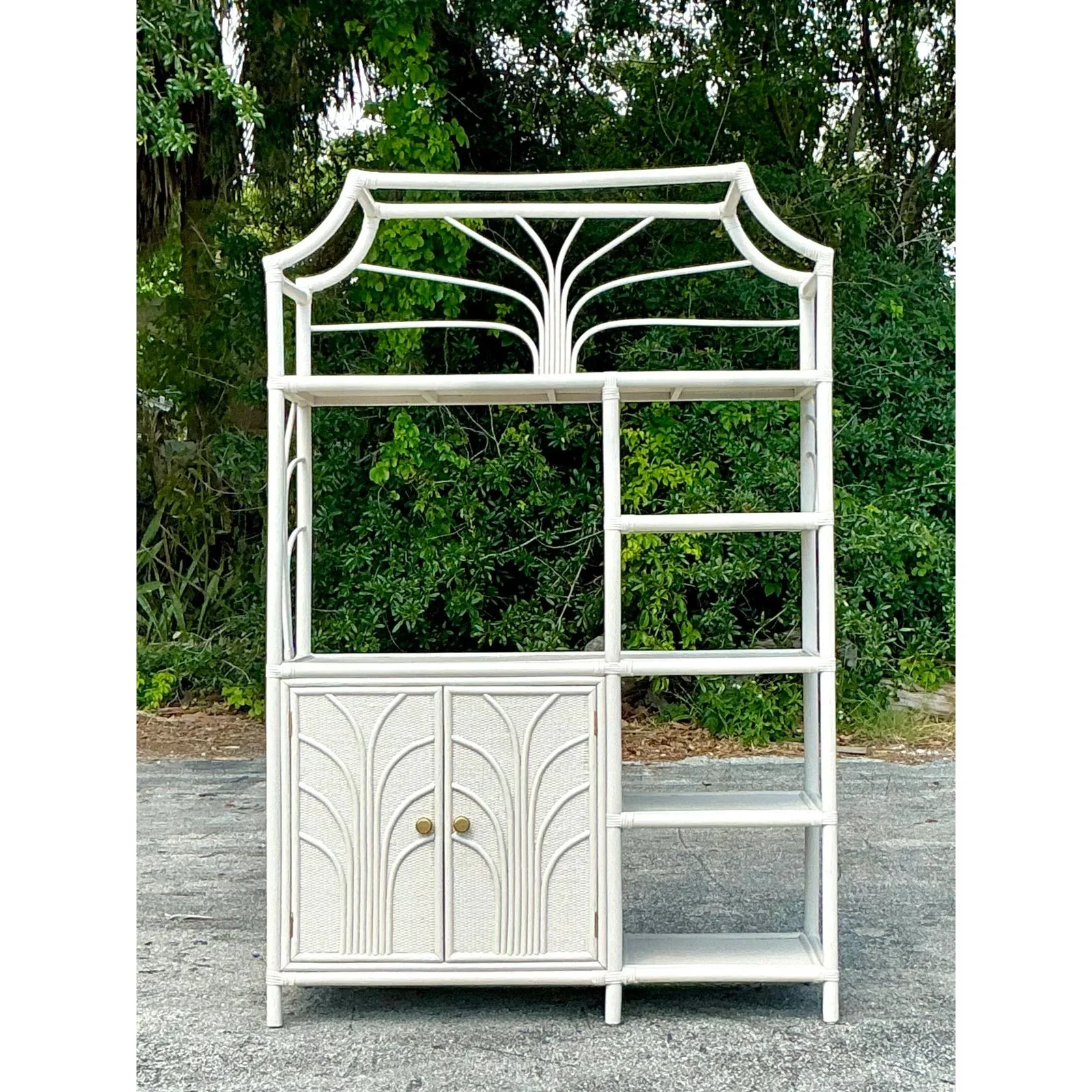 Vintage Coastal Notched Rattan Etagere - Top view