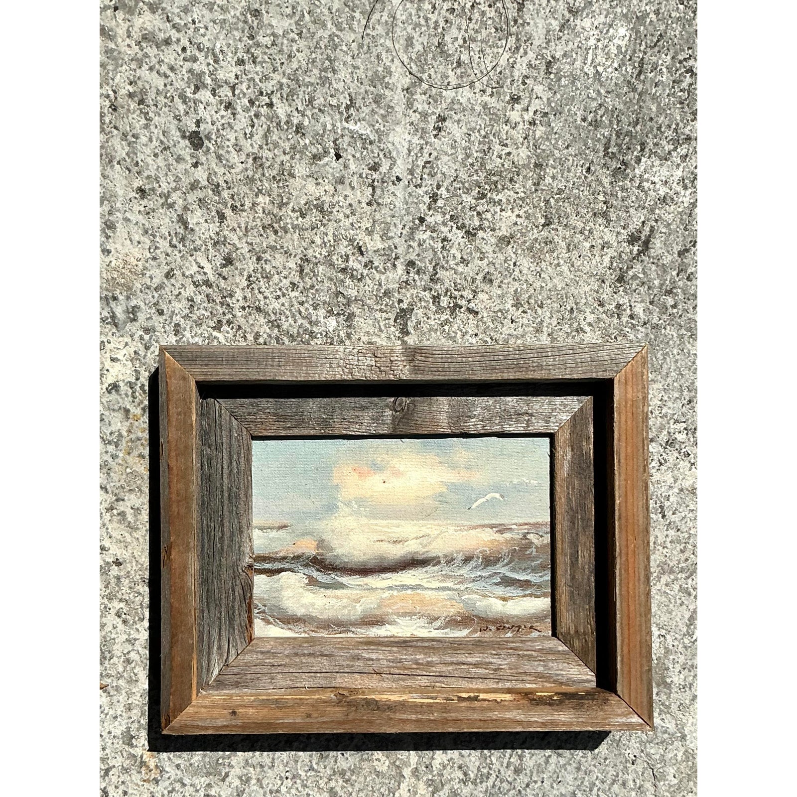Vintage Coastal Original Seascape Oil on Board - Top view