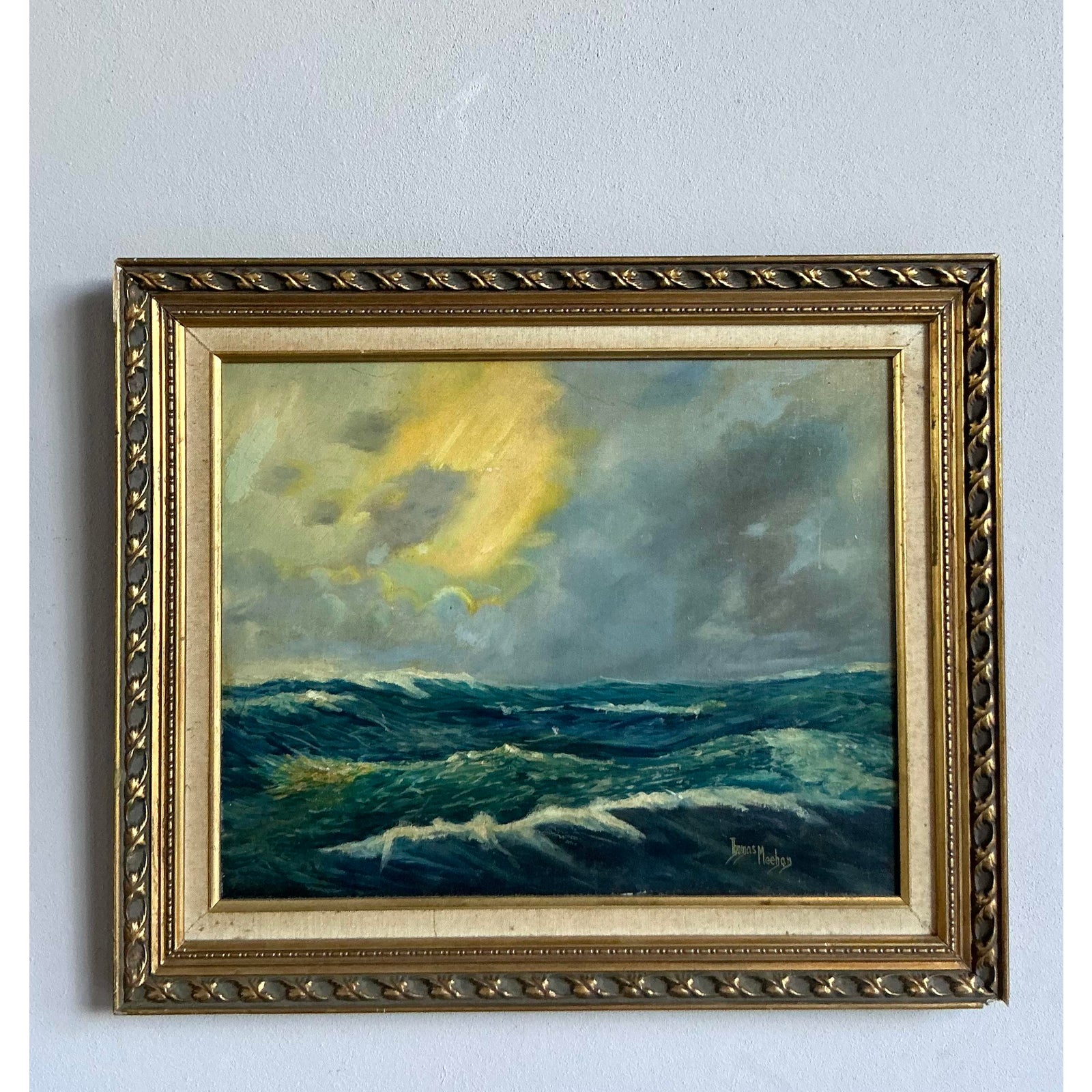 Vintage Coastal Original Seascape Oil on Canvas - Top view
