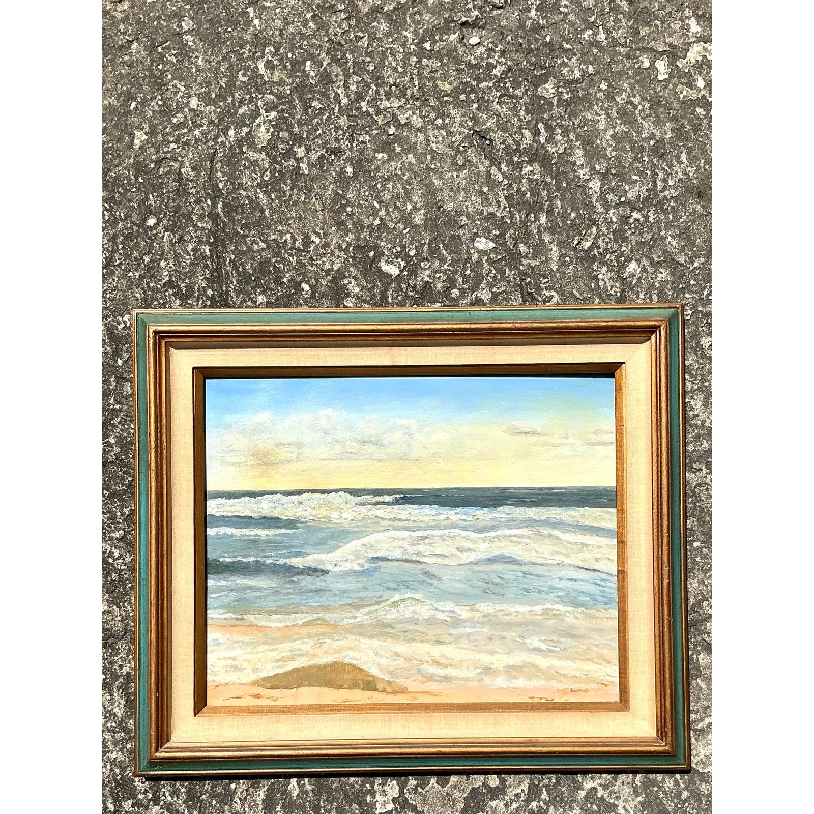 Vintage Coastal Original Seascape Oil on Canvas - Detail view