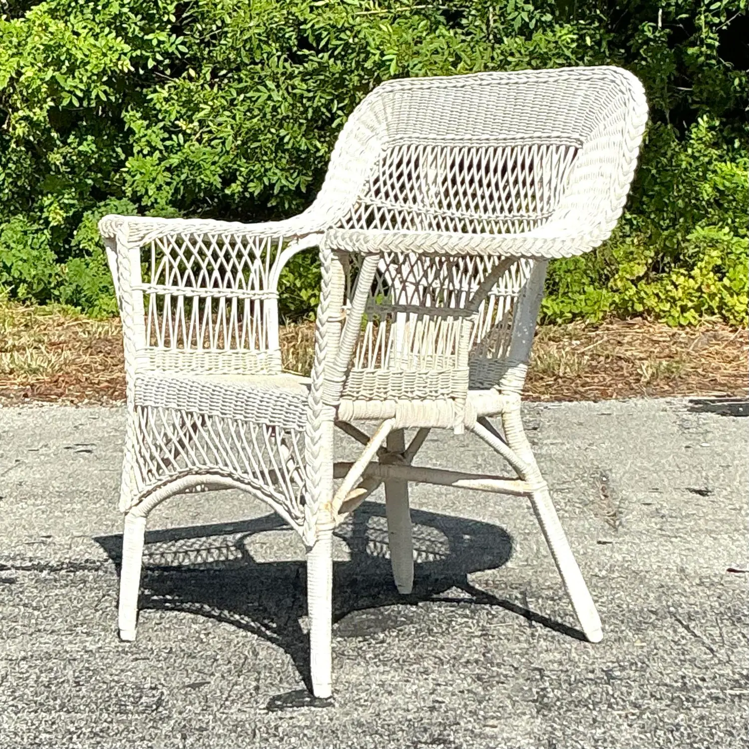 Vintage Coastal Paddle Arm Woven Rattan Lounge Chair - Side view