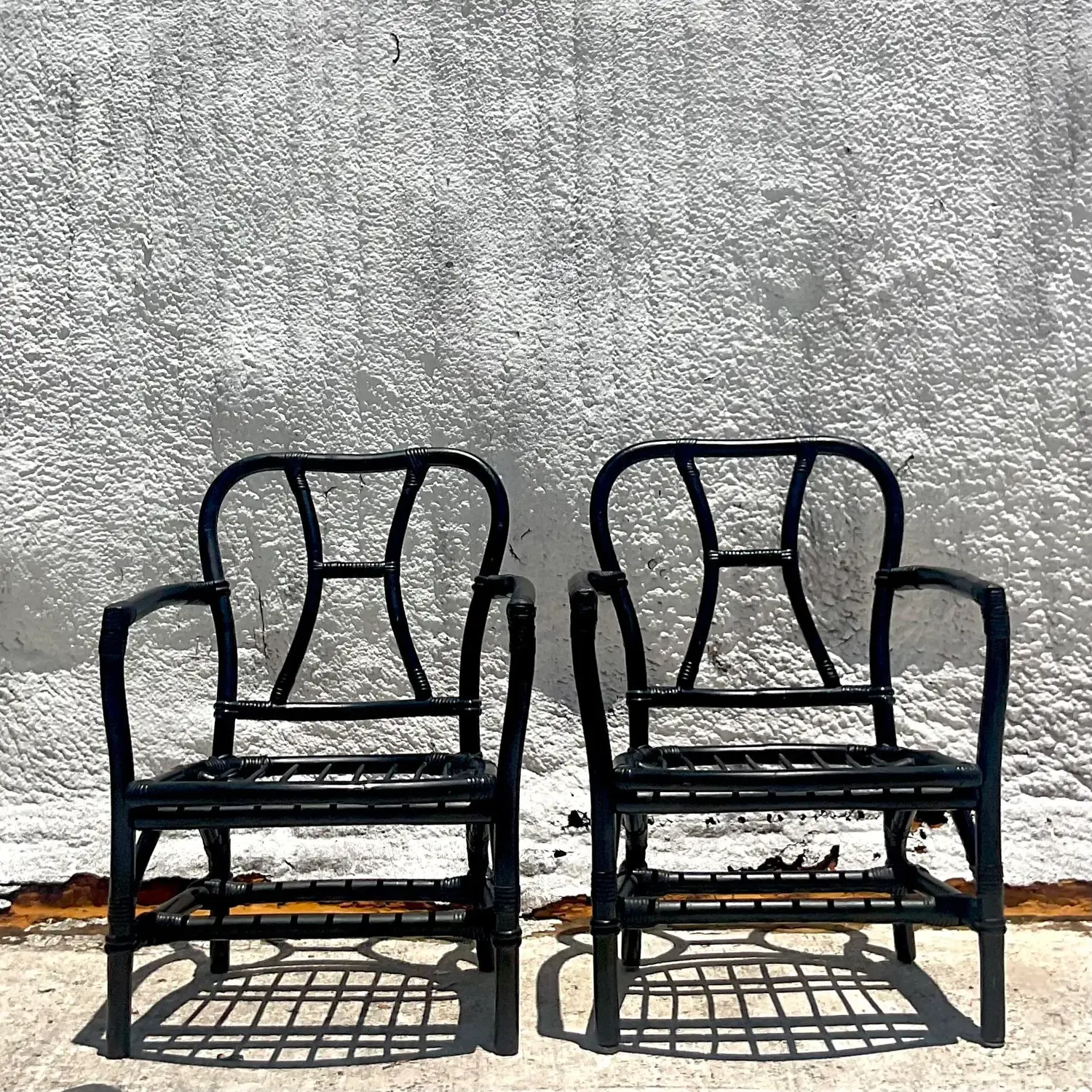 Vintage Coastal Painted Bent Rattan Lounge Chairs - a Pair - Side view