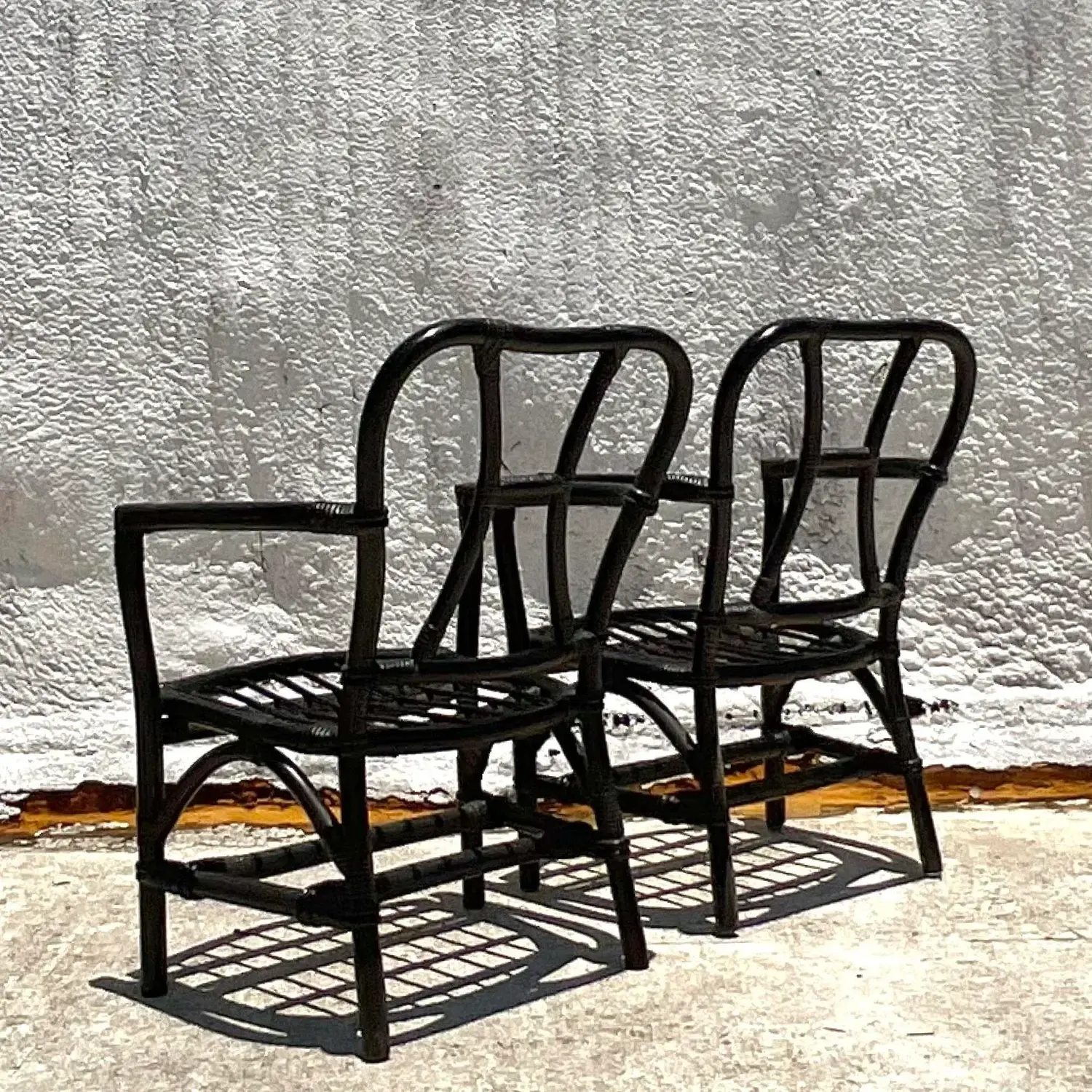 Vintage Coastal Painted Bent Rattan Lounge Chairs - a Pair - Back view