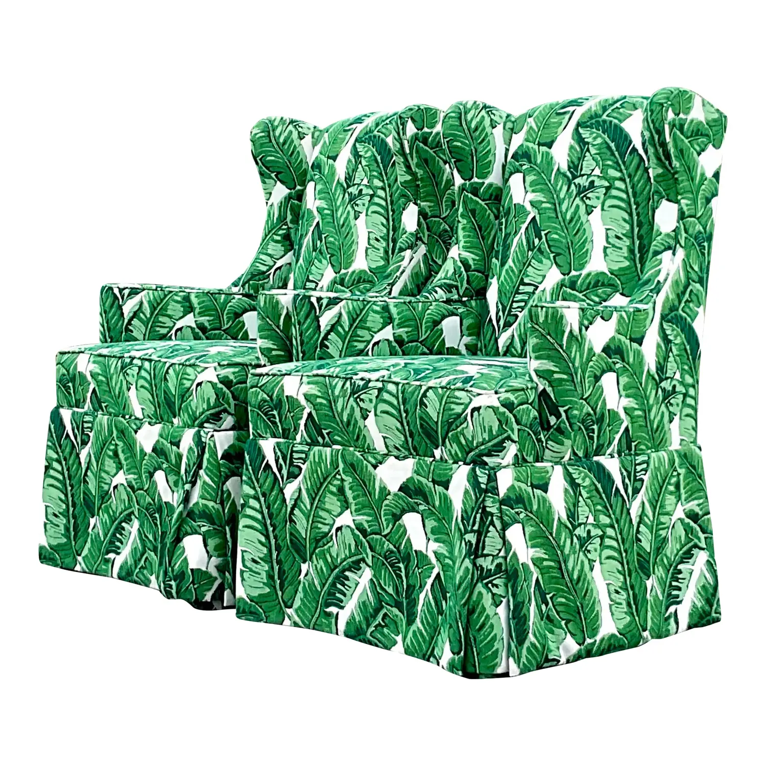 Vintage Coastal Palm Frond Skirted Wingback Chairs - a Pair
