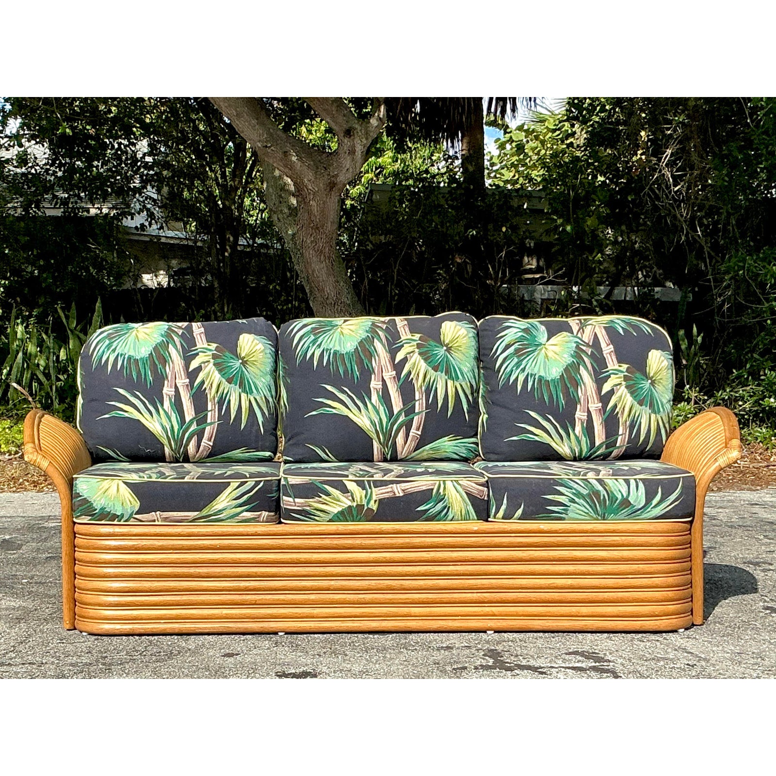 Vintage Coastal Palm Print Rattan Sofa - Back view