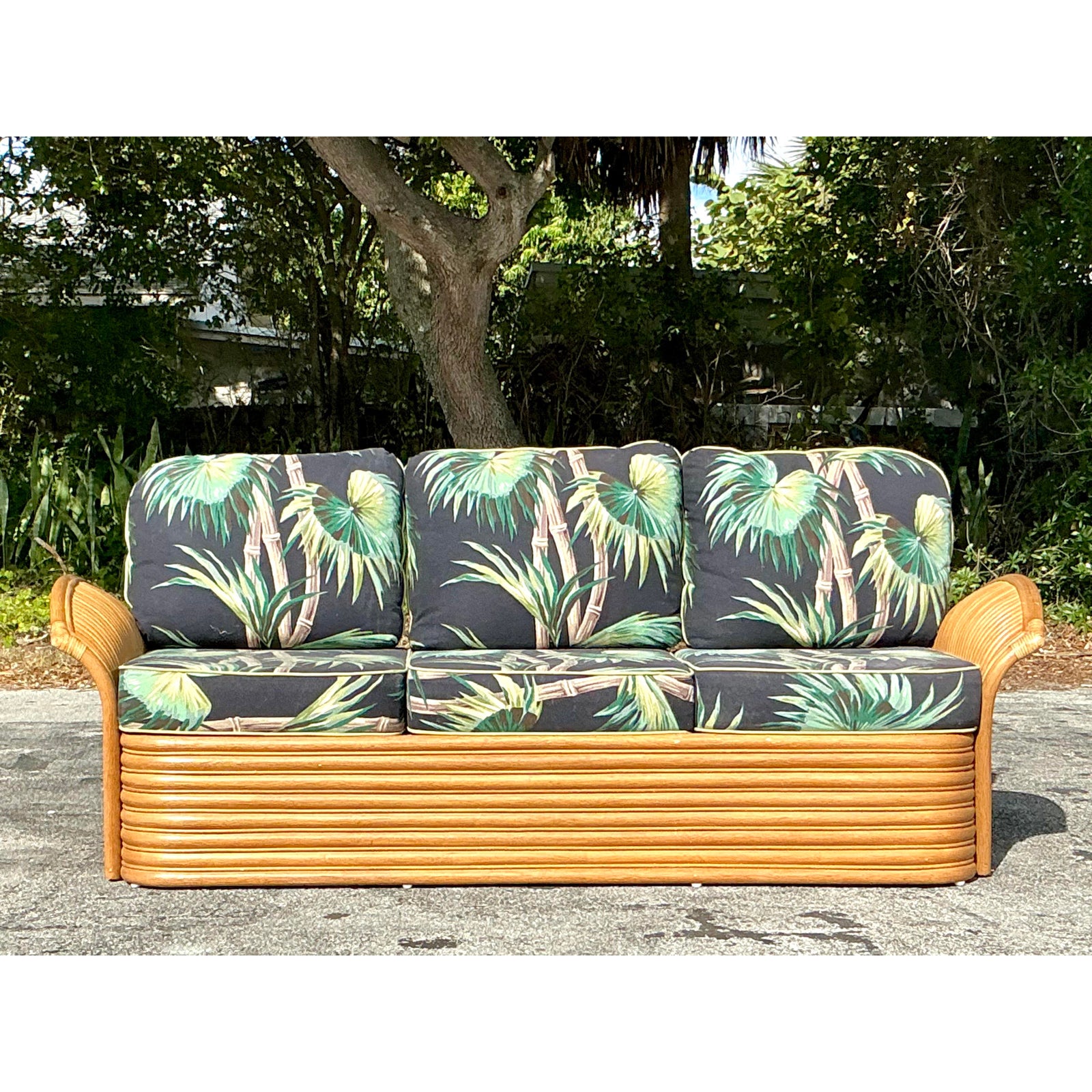 Vintage Coastal Palm Print Rattan Sofa - Top view