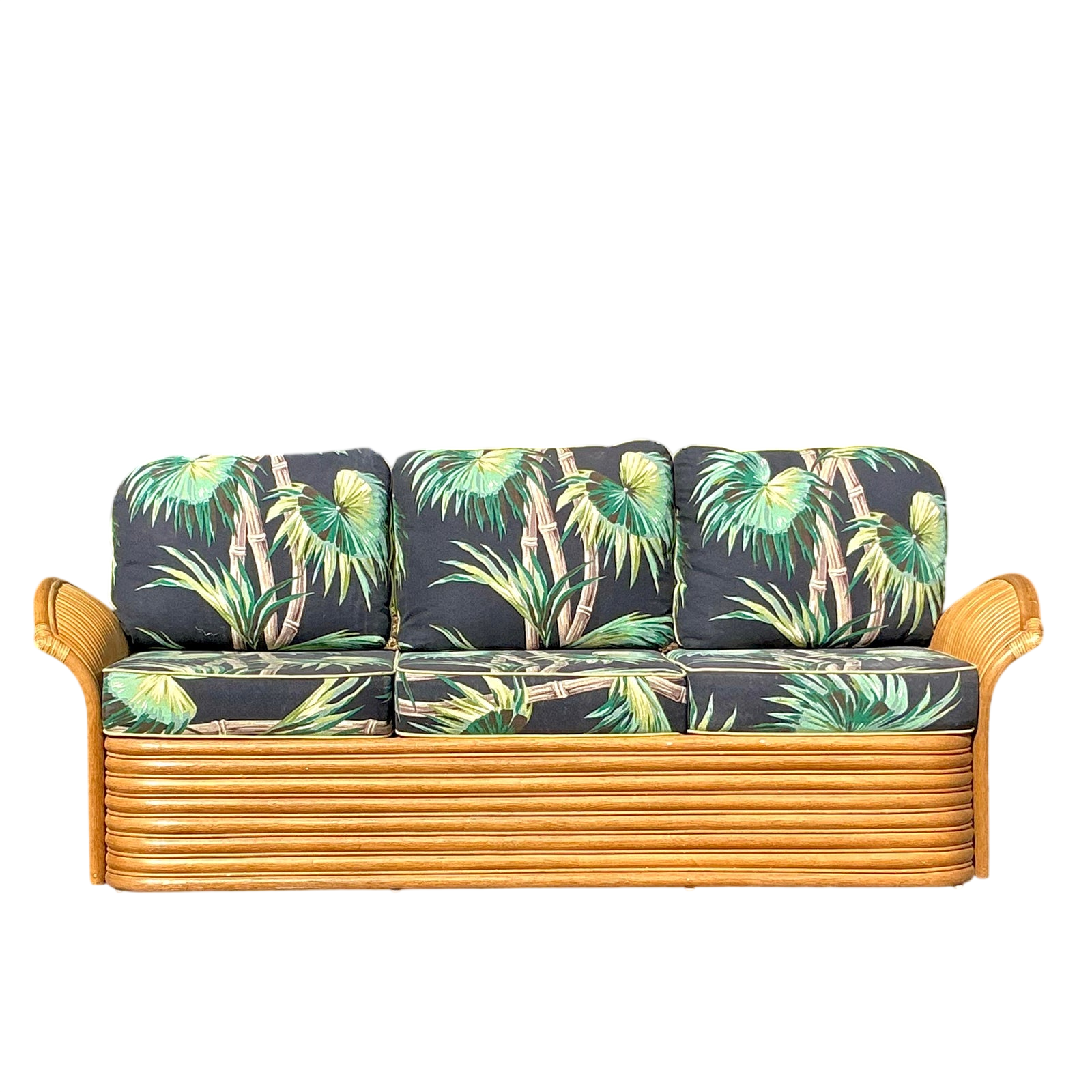 Vintage Coastal Palm Print Rattan Sofa - Detail view