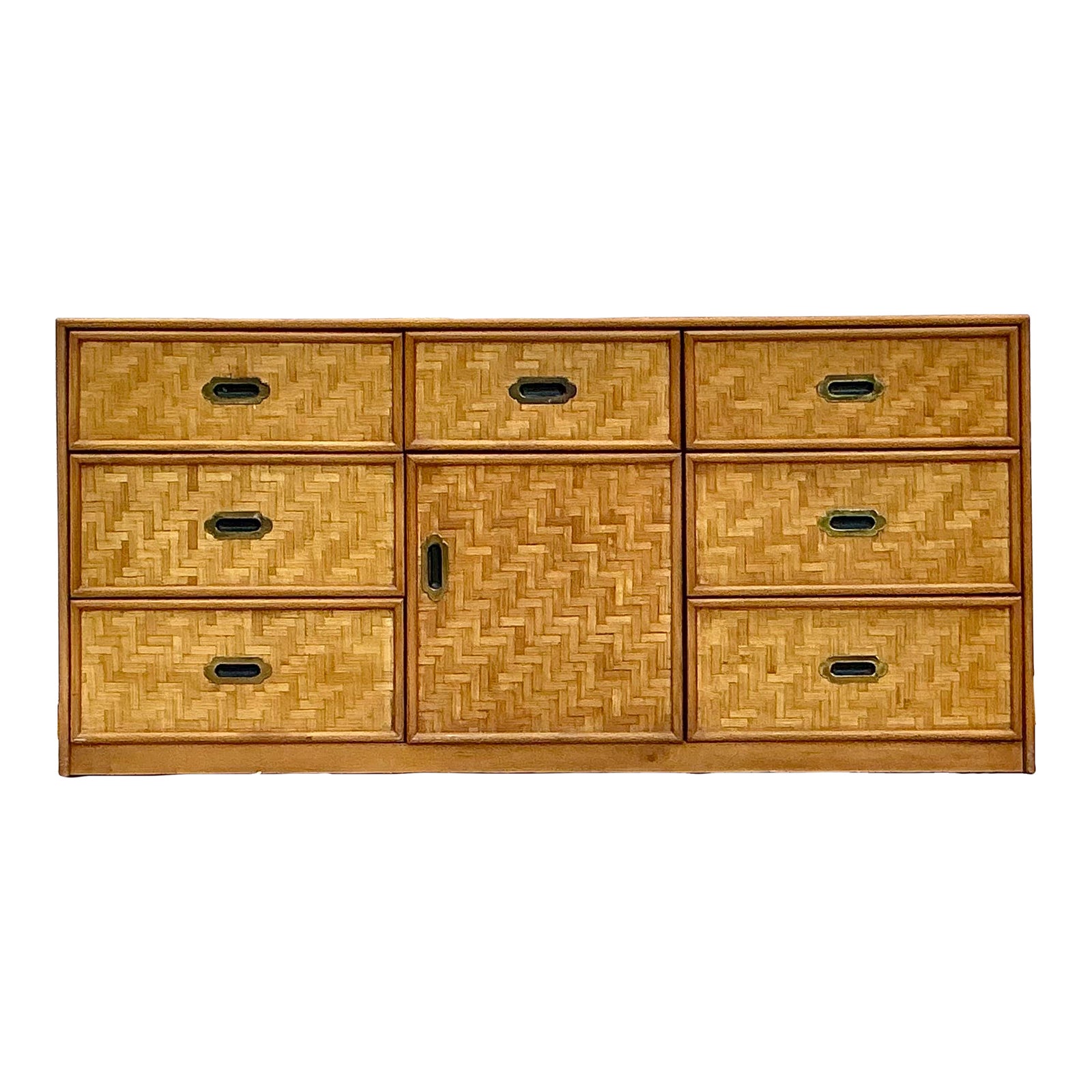 Vintage Coastal Parquet Rattan Credenza - Detail view