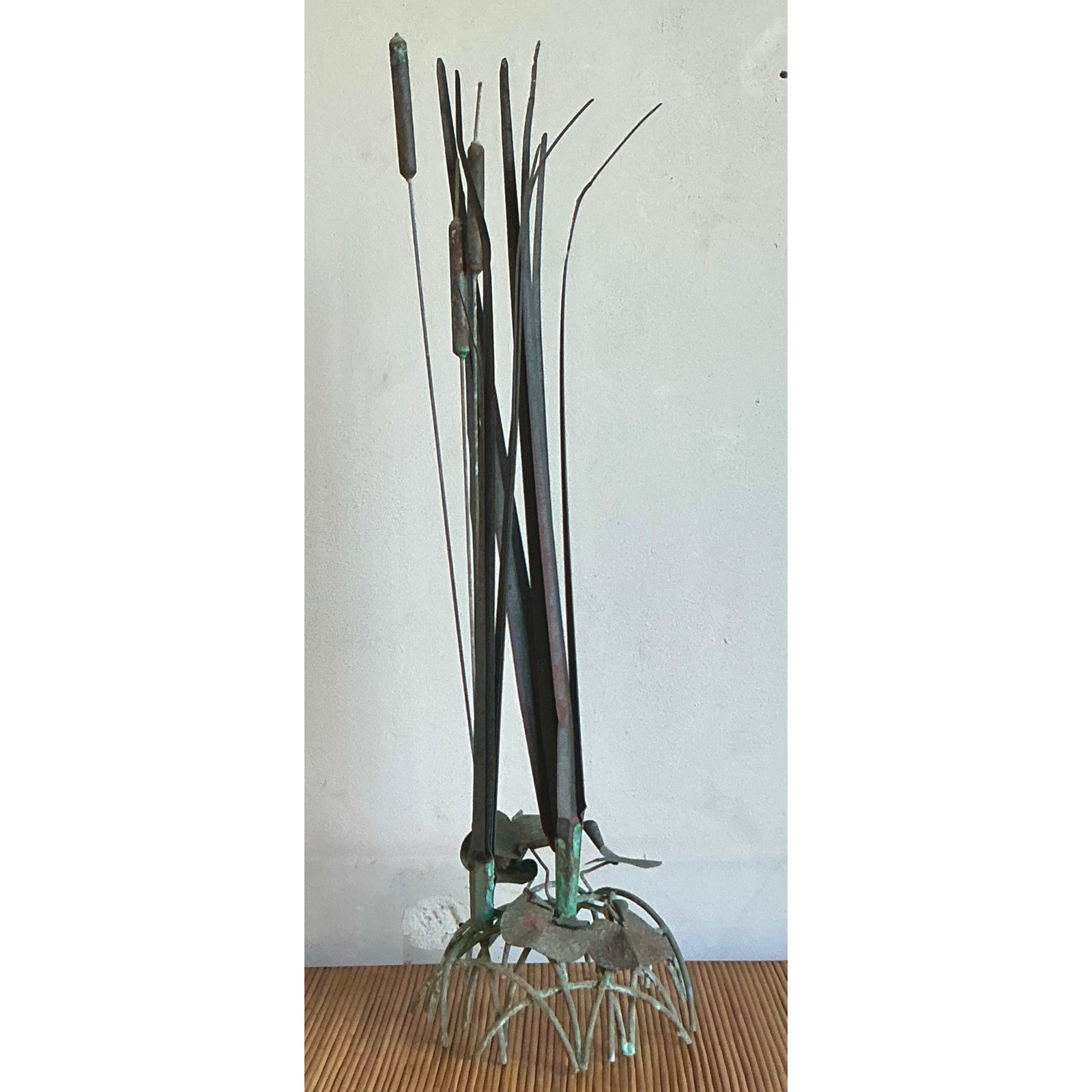 Vintage Coastal Patinated Bronze Cattail Sculpture - Top view