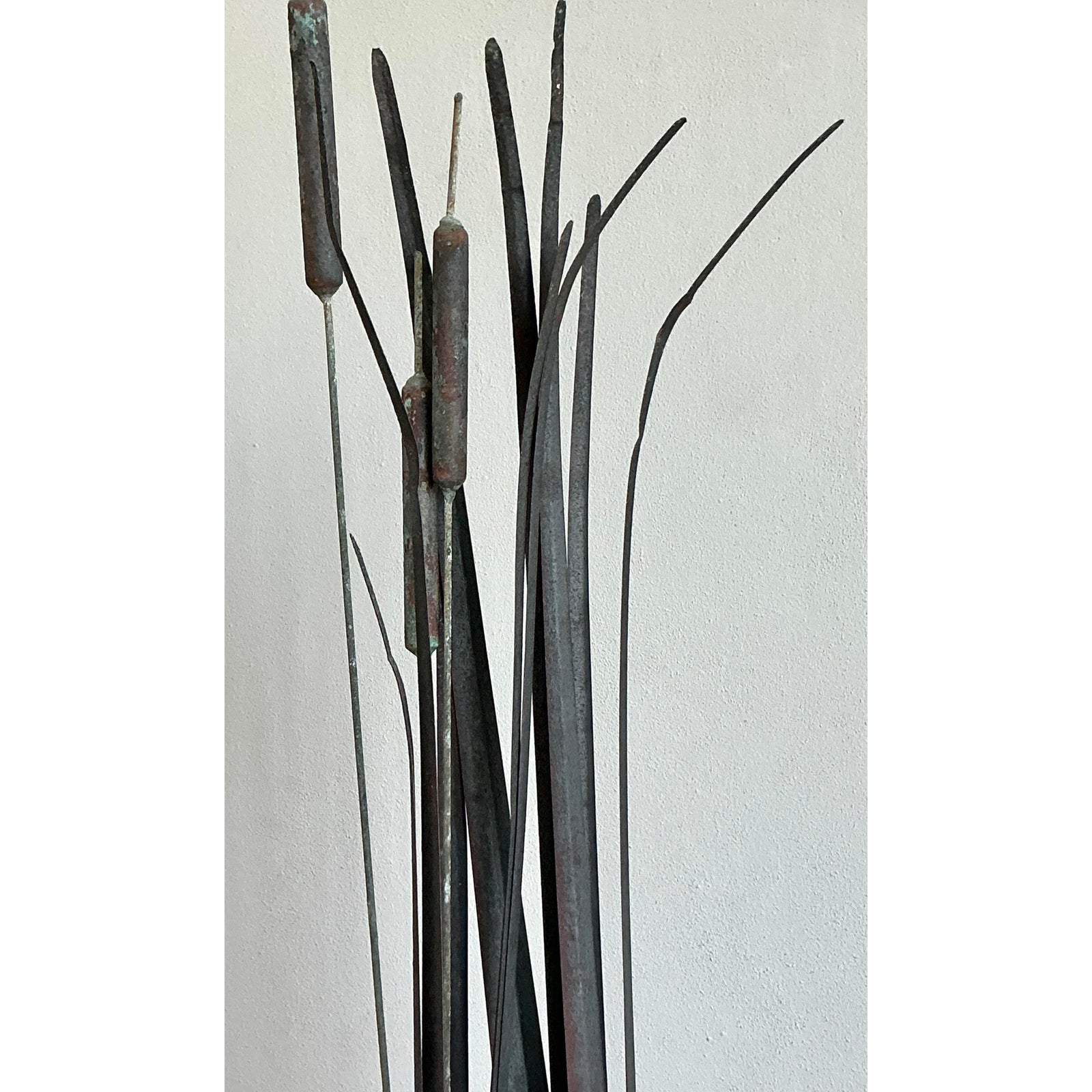 Vintage Coastal Patinated Bronze Cattail Sculpture - Side view