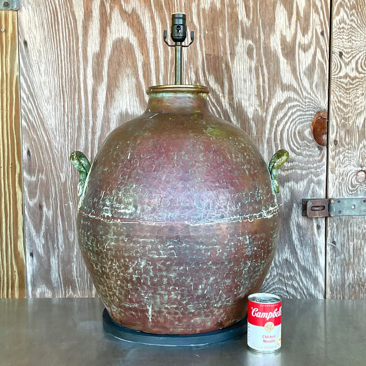 Vintage Coastal Patinated Hammered Copper Lamp - Top view