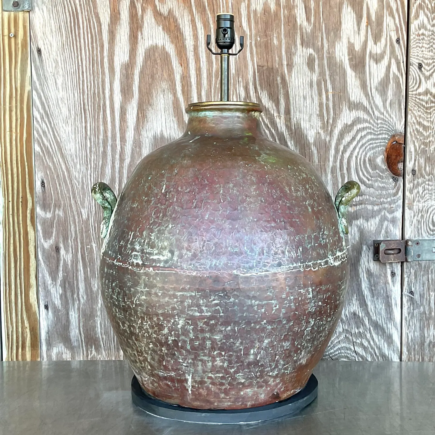 Vintage Coastal Patinated Hammered Copper Lamp - Back view