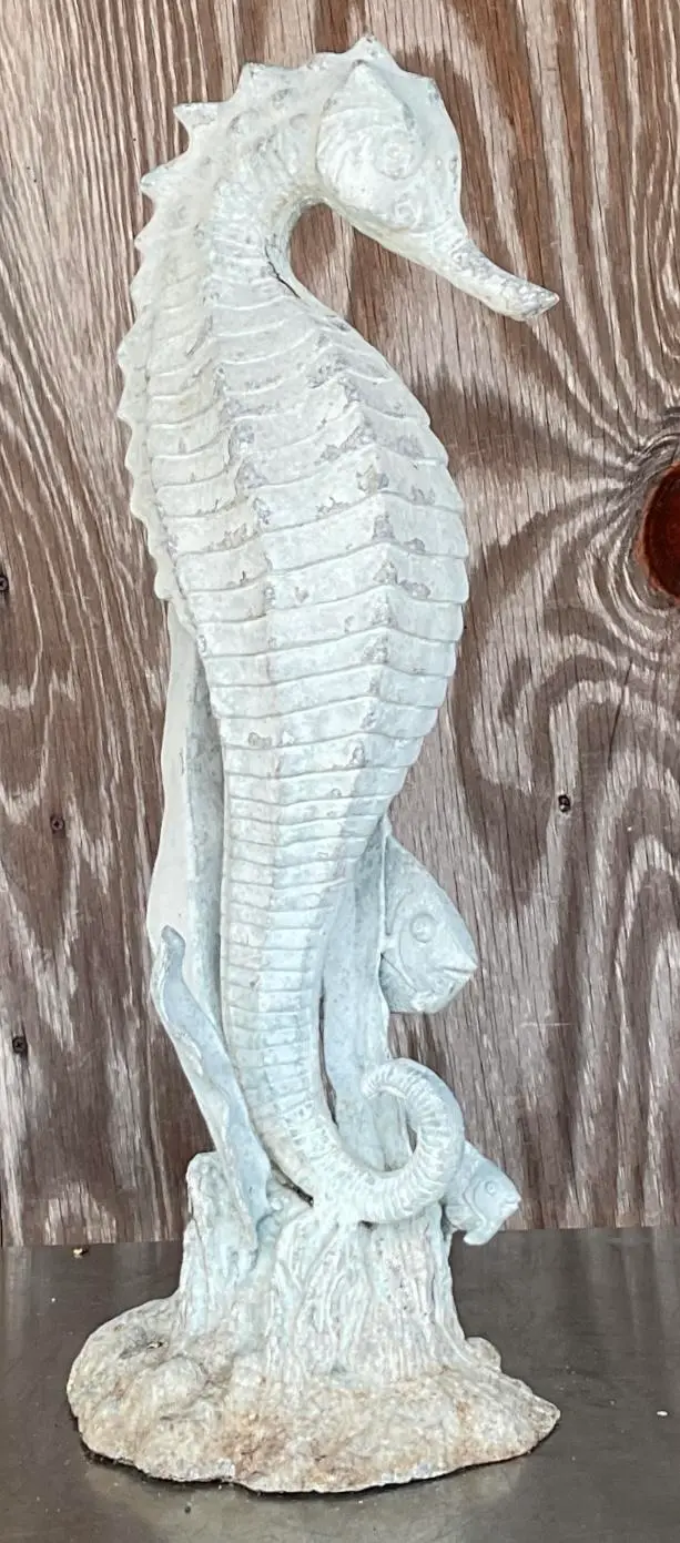Vintage Coastal Patinated Metal Seahorse Garden Statue - Detail view