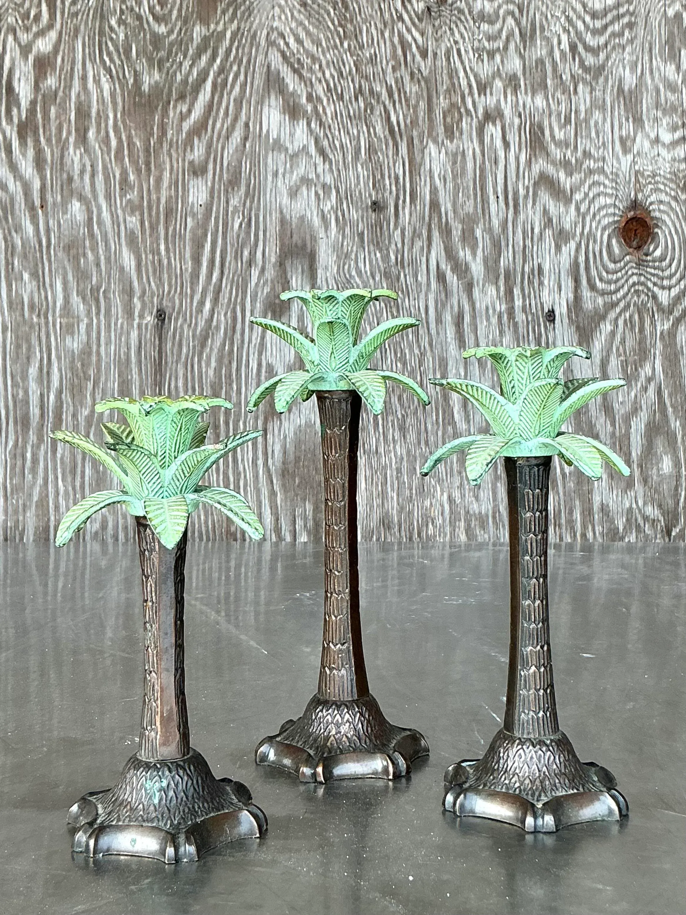 Vintage Coastal Patinated Palm Tree Candlesticks - Set of 3 - Side view