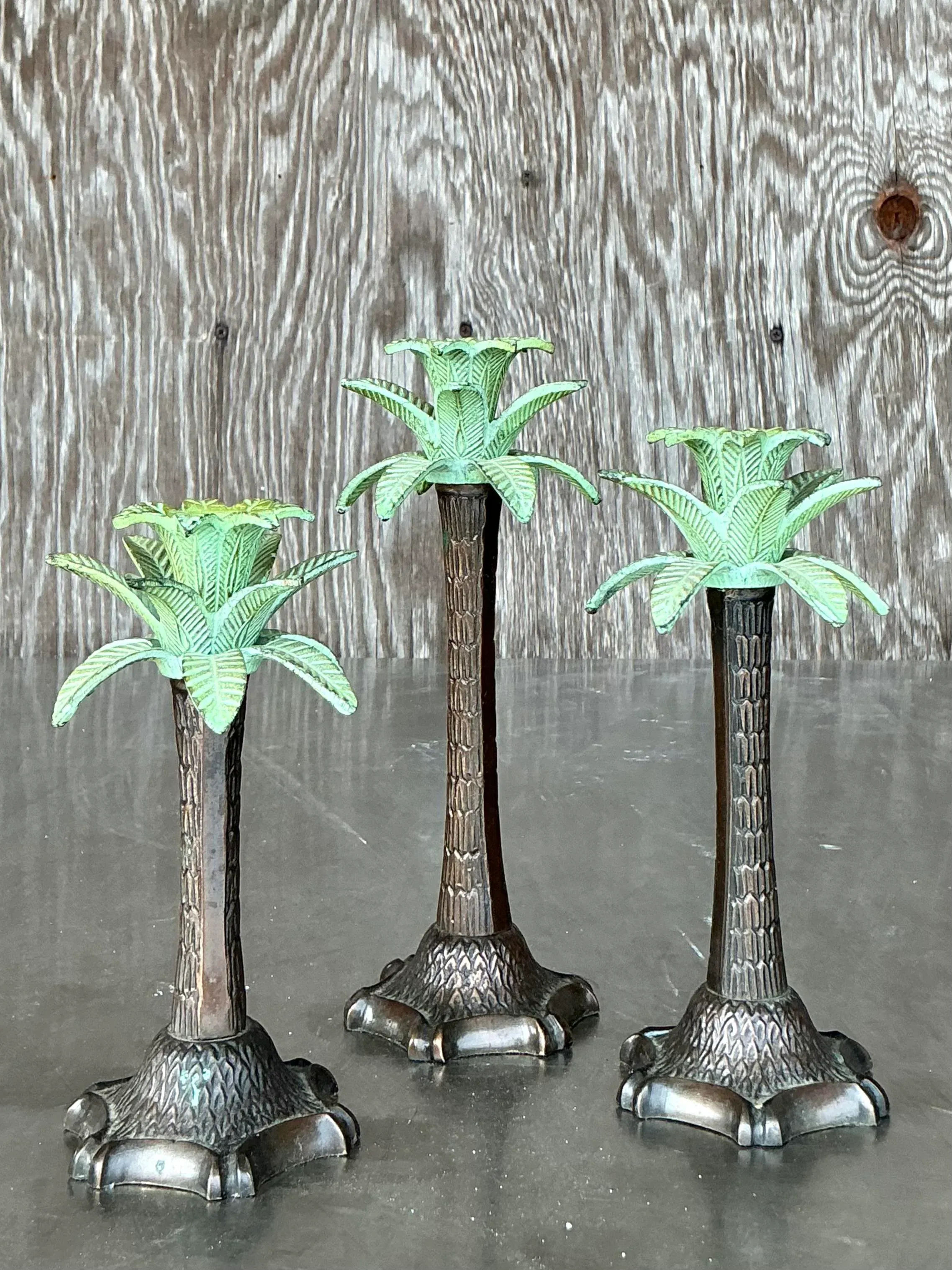 Vintage Coastal Patinated Palm Tree Candlesticks - Set of 3 - Detail view