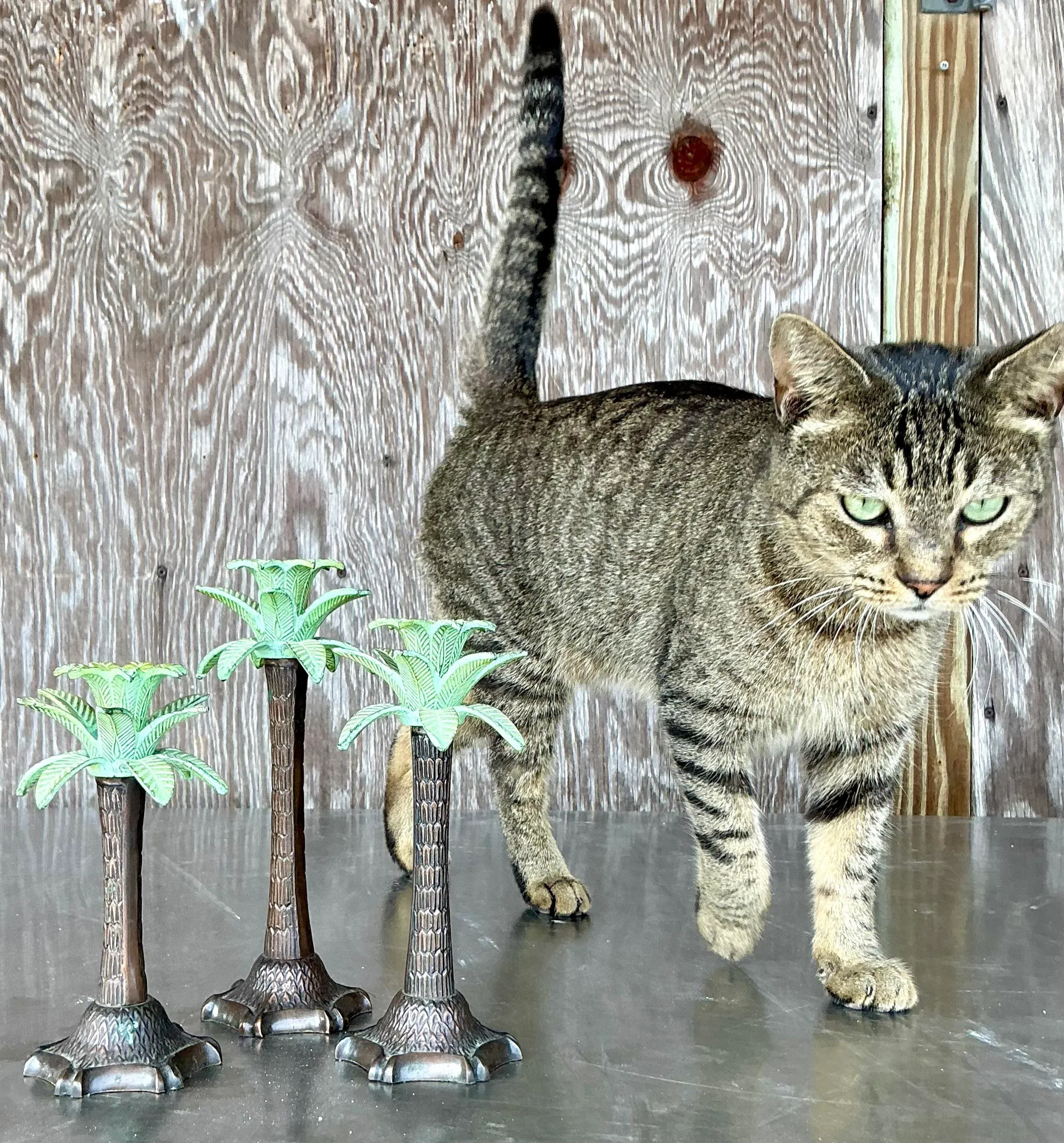 Vintage Coastal Patinated Palm Tree Candlesticks - Set of 3 - Back view
