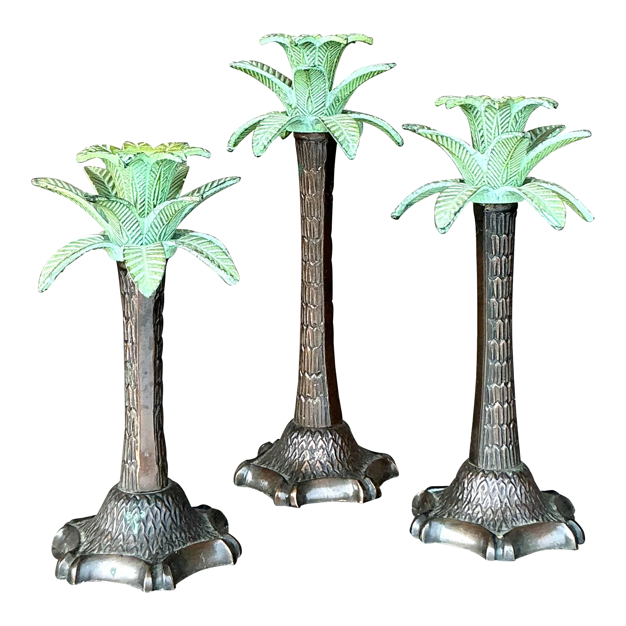 Vintage Coastal Patinated Palm Tree Candlesticks - Set of 3