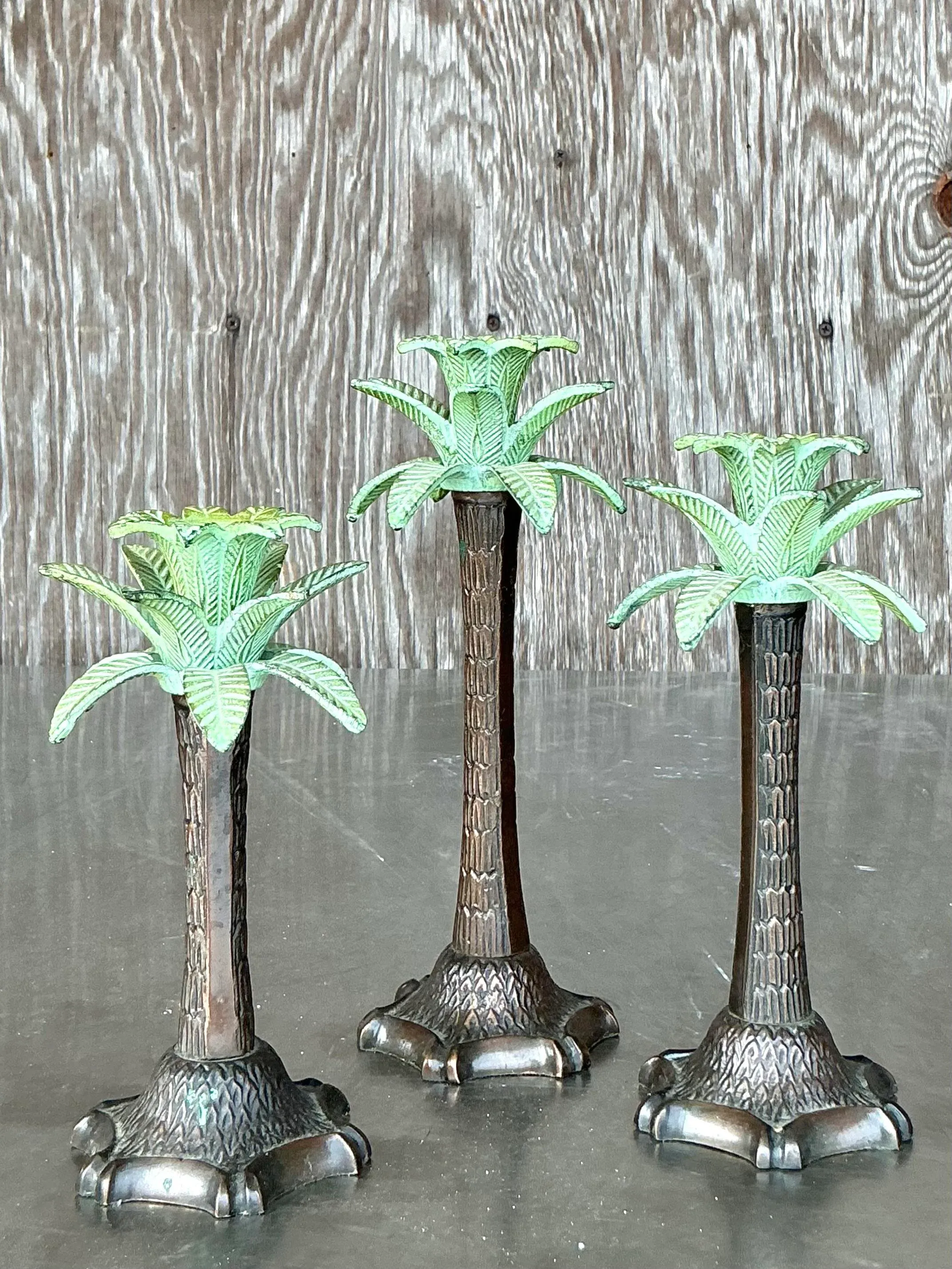 Vintage Coastal Patinated Palm Tree Candlesticks - Set of 3 - Top view