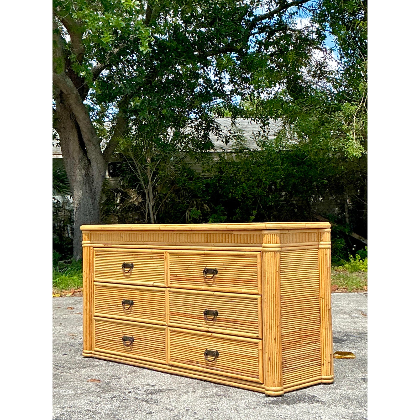 Vintage Coastal Pencil Reed Column Dresser - Side view