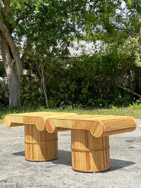 Vintage Coastal Pencil Reed Column Side Tables - A Pair - Side view