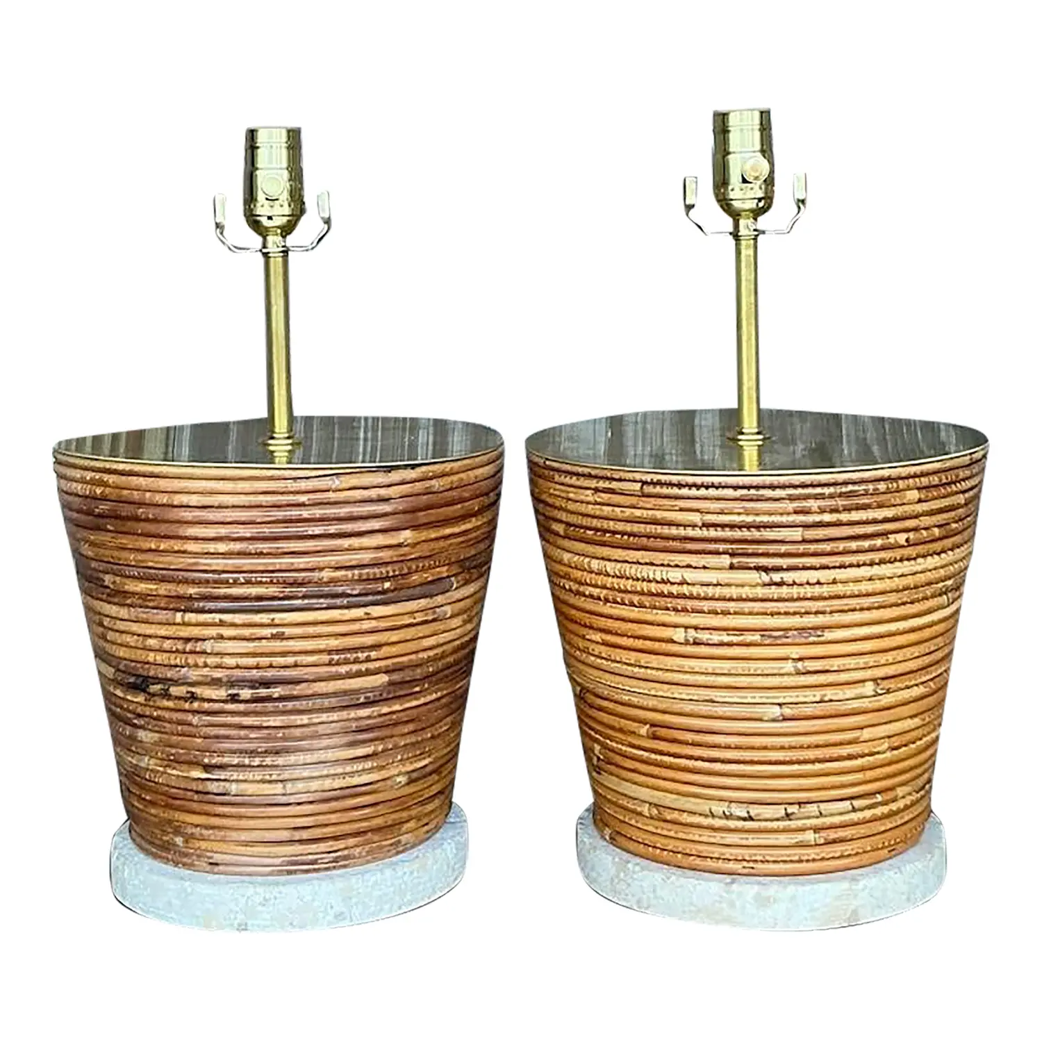 Vintage Coastal Pencil Reed Lamps With Brass Hardware - a Pair
