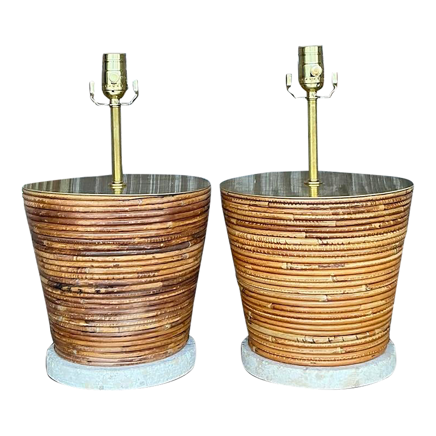 Vintage Coastal Pencil Reed Lamps With Brass Hardware - a Pair - Detail view