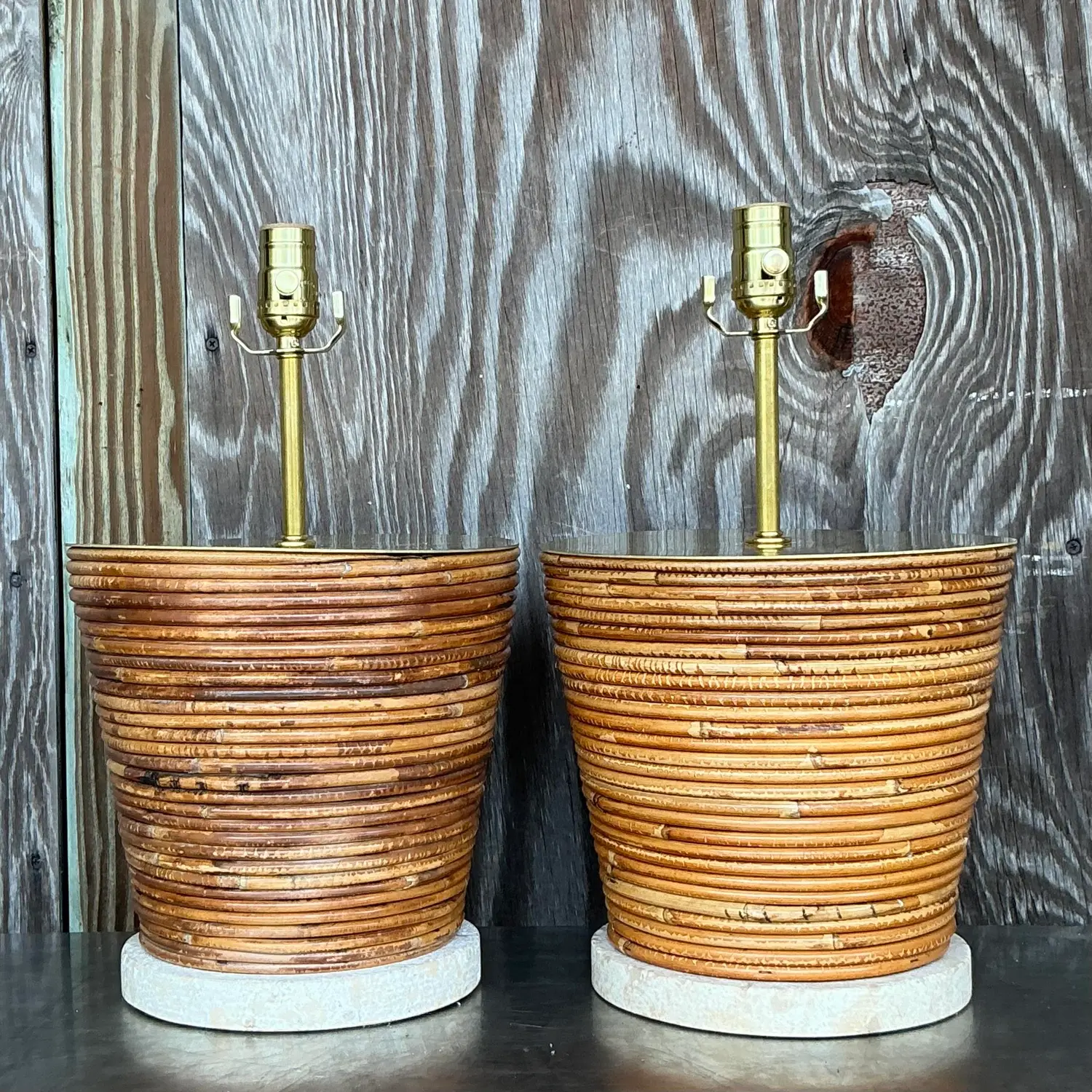 Vintage Coastal Pencil Reed Lamps With Brass Hardware - a Pair - Back view